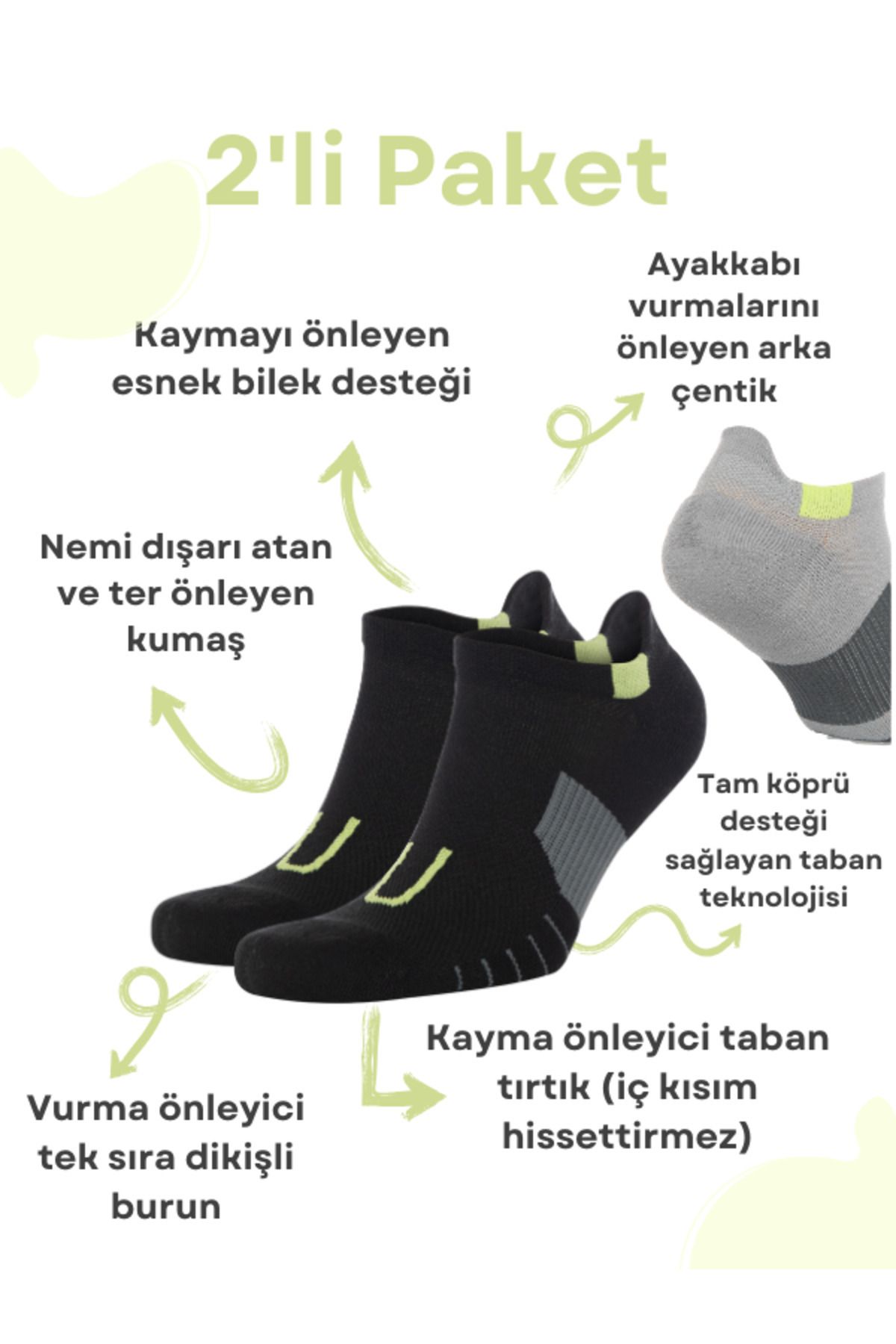 MURR Ekstra Destekli Kısa Kesim Koşu ,yürüyüş,fitness,multiplier Ankle Spor Çorabı 2'li Paket