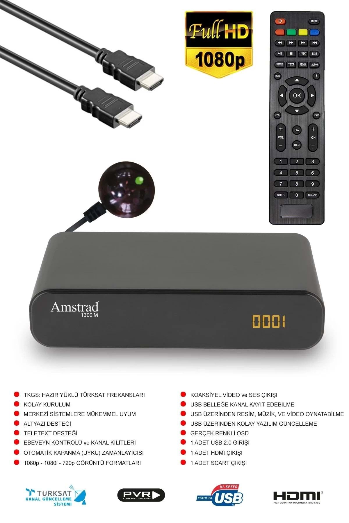 Amstrad 1300 M - Hem Mini Hem Set Üstü Hd Uydu Alıcısı - ( Kanallar Yüklü - Tkgs - Usb - Hdmi - Scart )