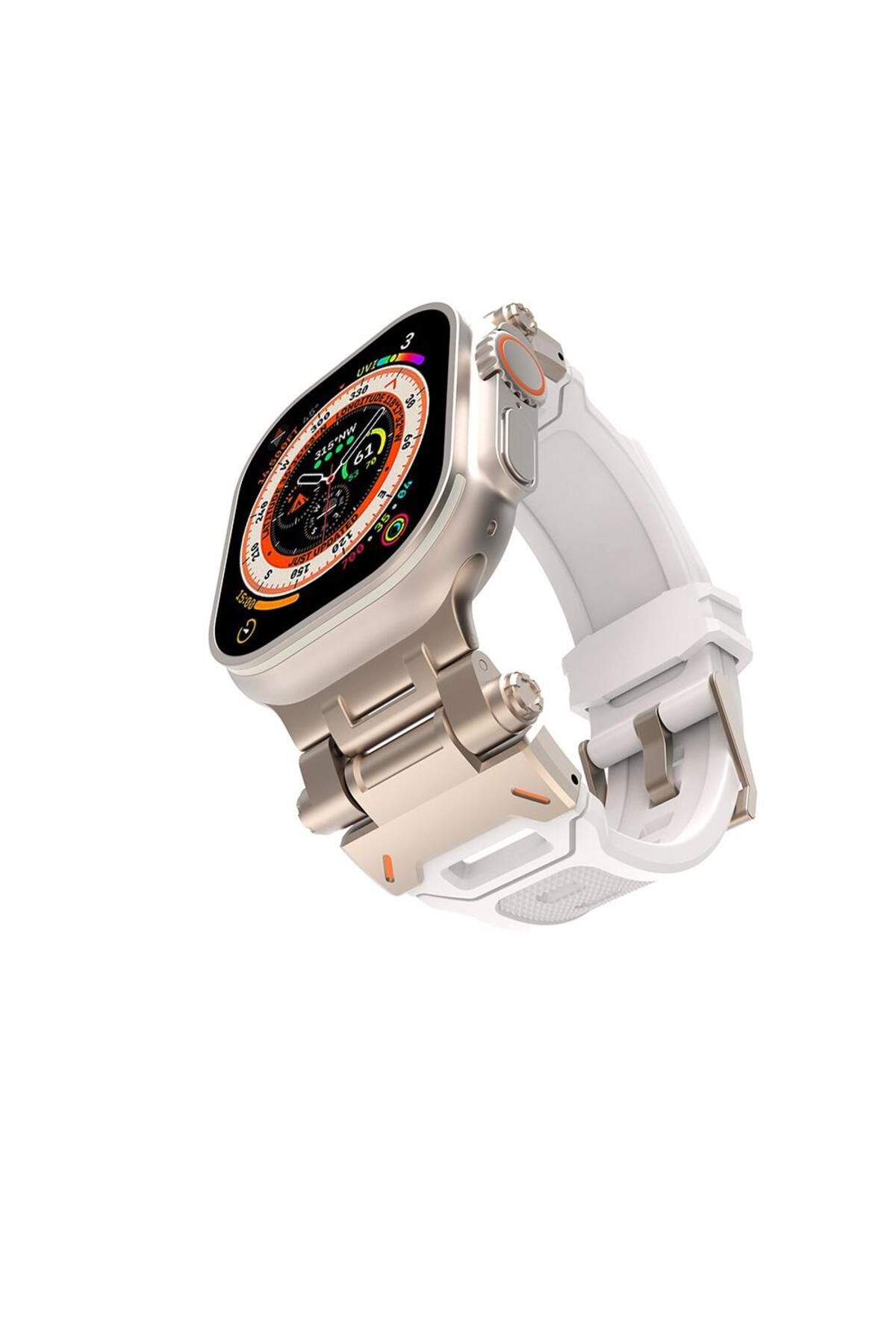 AktarMobile Apple Watch Ultra / Ultra 2 49 mm uyumlu Metal Aksamlı Silikon Kordon Premium Kayış
