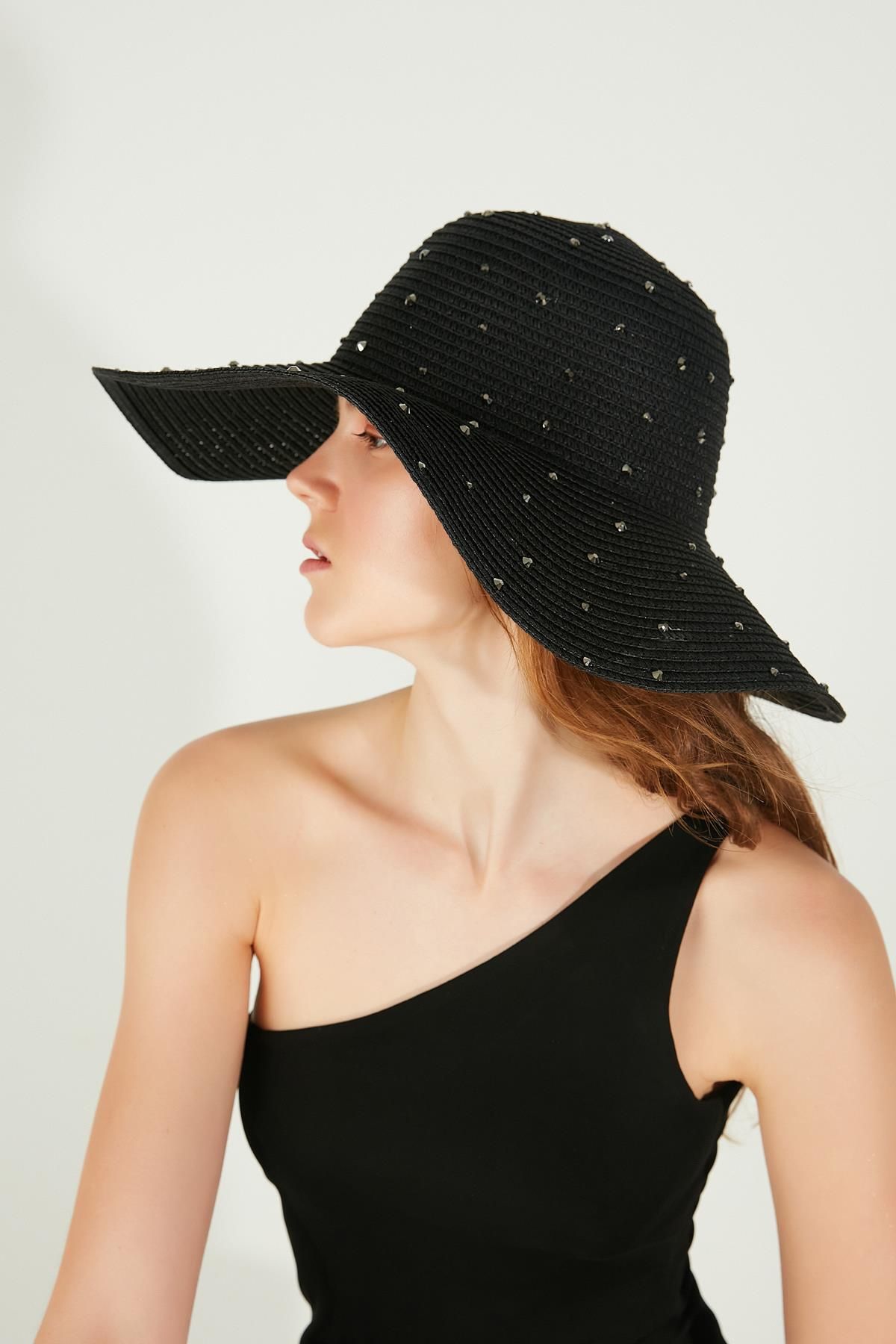 Axesoire 14556 Full Taşlı Siyah Geniş Hasır Şapka