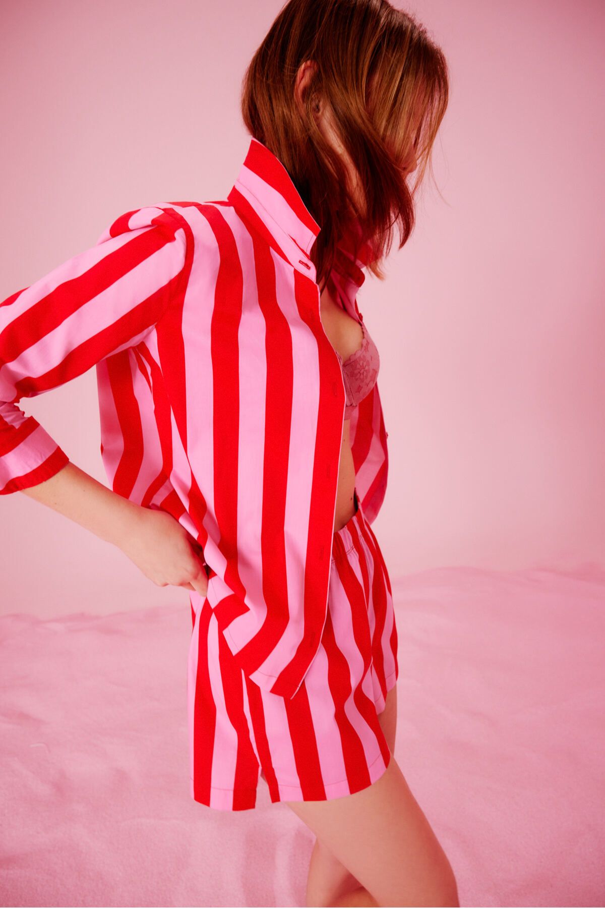 Penti Elle Colored Stripe Kırmızı Gömlek Şort Pijama Takımı