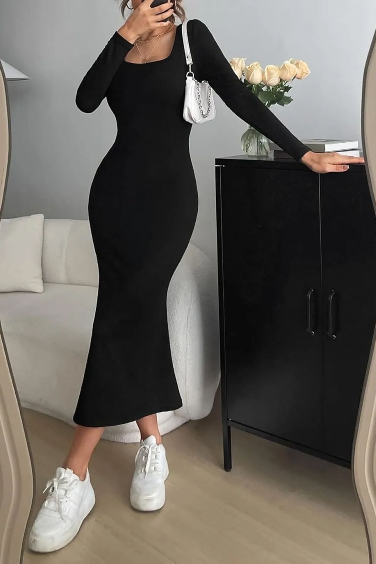 Edit by Trendyol Siyah  Fitted Örme Elbise TEDSS24EL00004