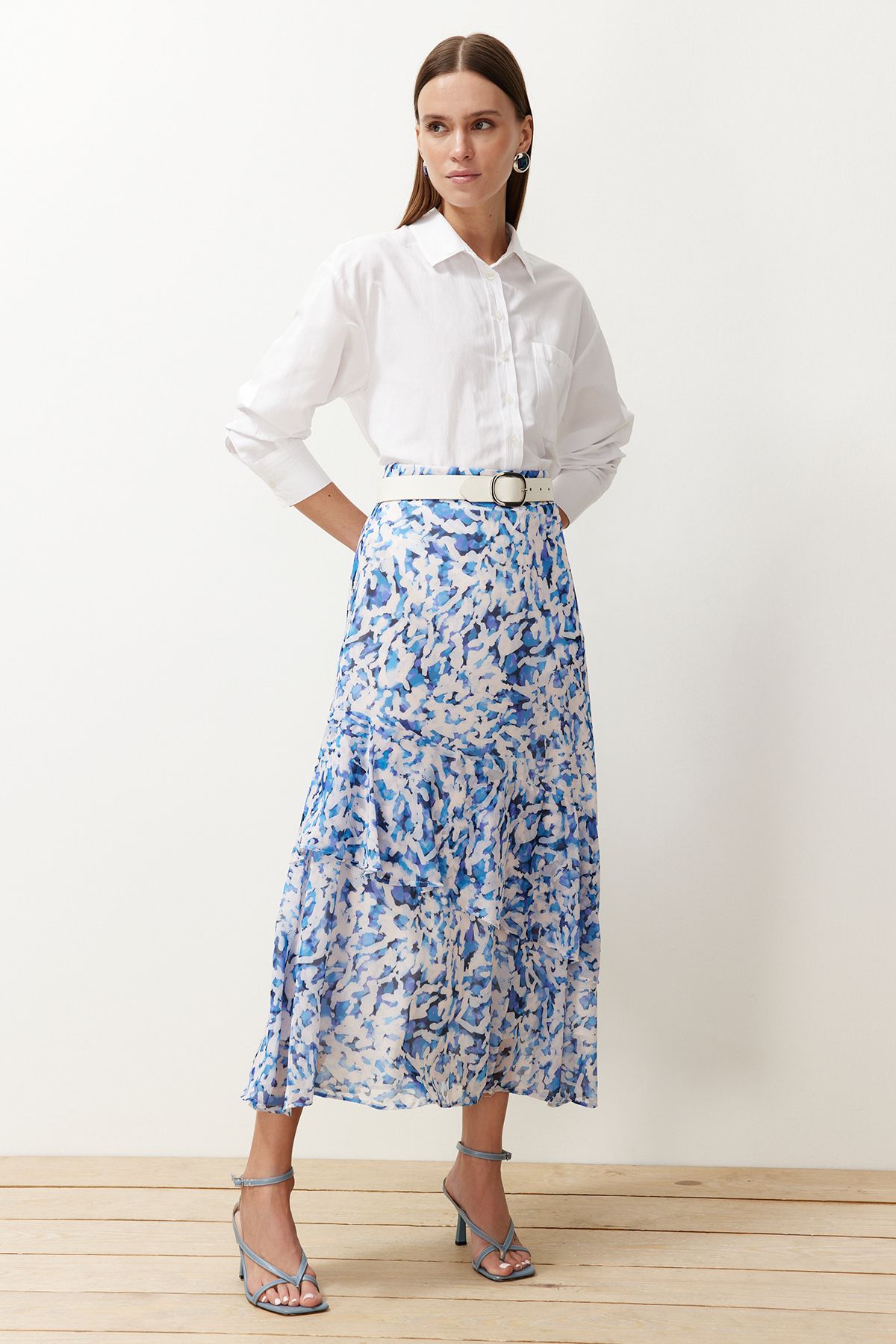 TRENDYOL MODEST Mavi Desenli Astarlı Dokuma Etek TCTAW24EE00020