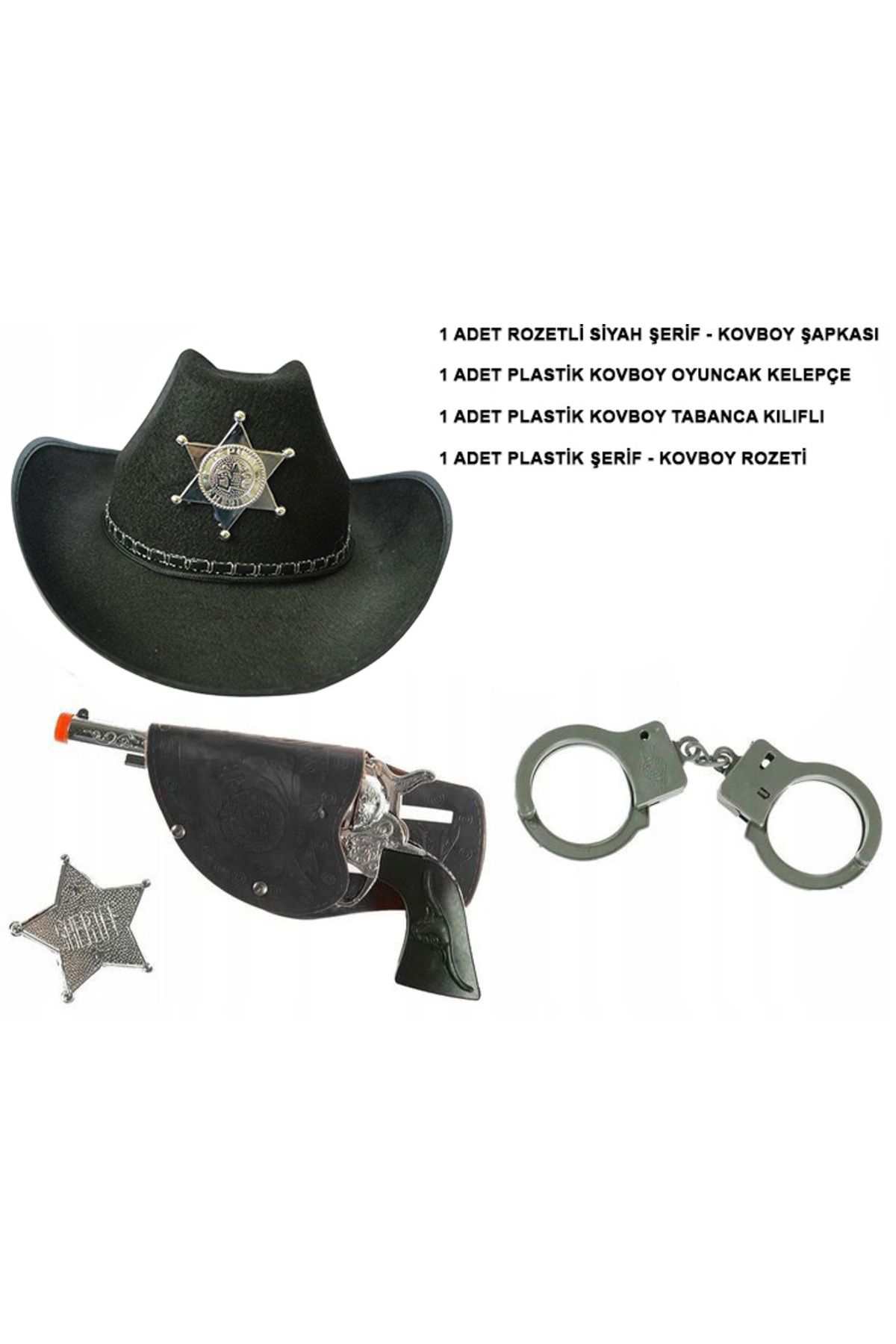 Go İthalat Çocuk Boy Siyah Şerif-Kovboy Şapka Tabanca Rozet ve Kelepçe Seti 4 Parça (3877)