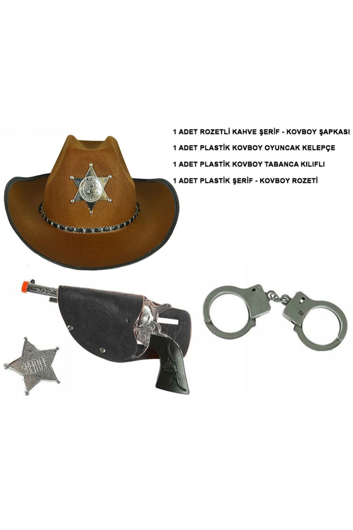 Go İthalat Çocuk Boy Kahverengi Şerif-Kovboy Şapka Tabanca Rozet ve Kelepçe Seti 4 Parça (3877)