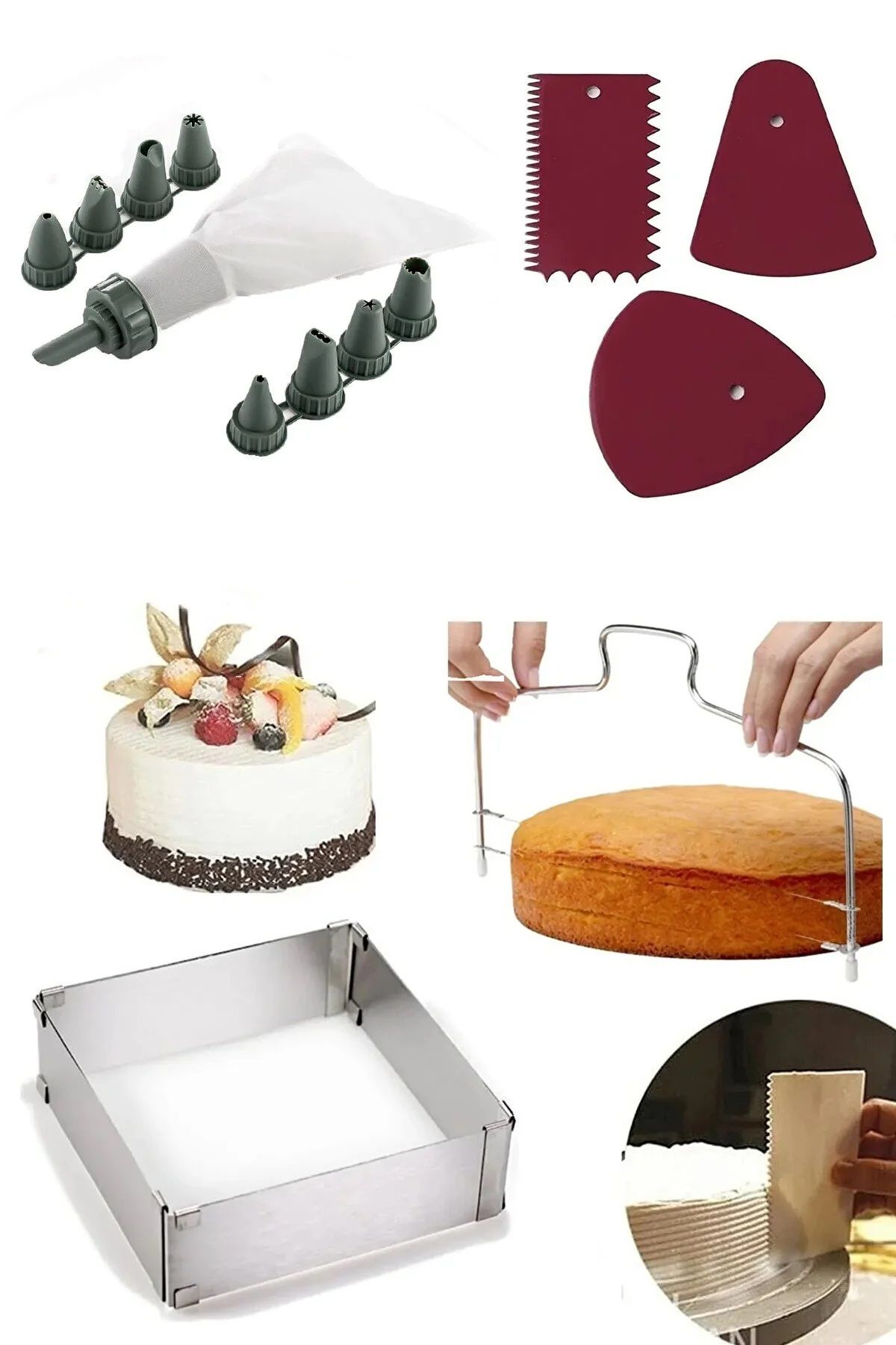 grasyahome 4'lü Lüx Pastacılık Ekipmanları Ayarlı Kek Çemberi,Krema Torbası,Kek Testeresi,3lü Hamur Kazıyıcı