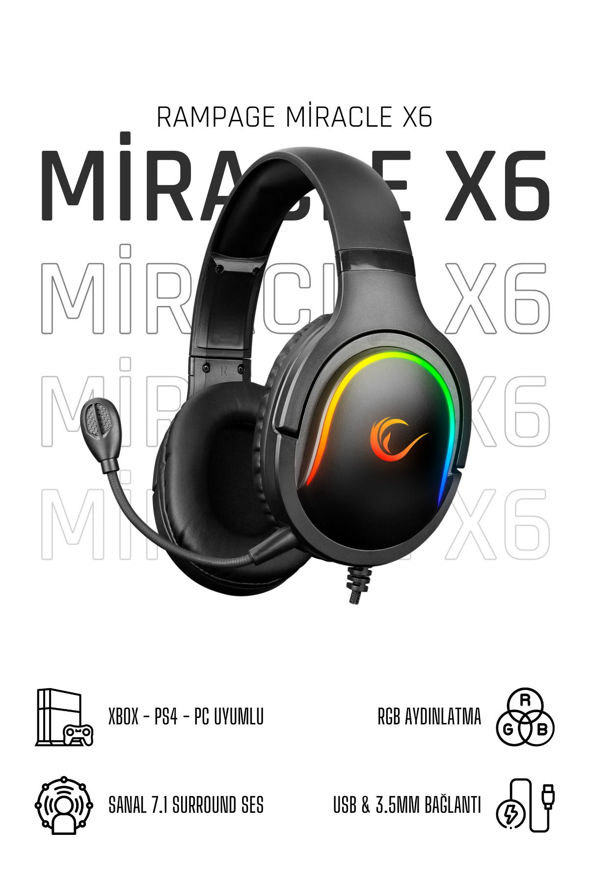 Rampage Miracle X6 Siyah RGB Led USB ve 3.5mm Mikrofonlu Oyuncu Kulaklığı Gaming