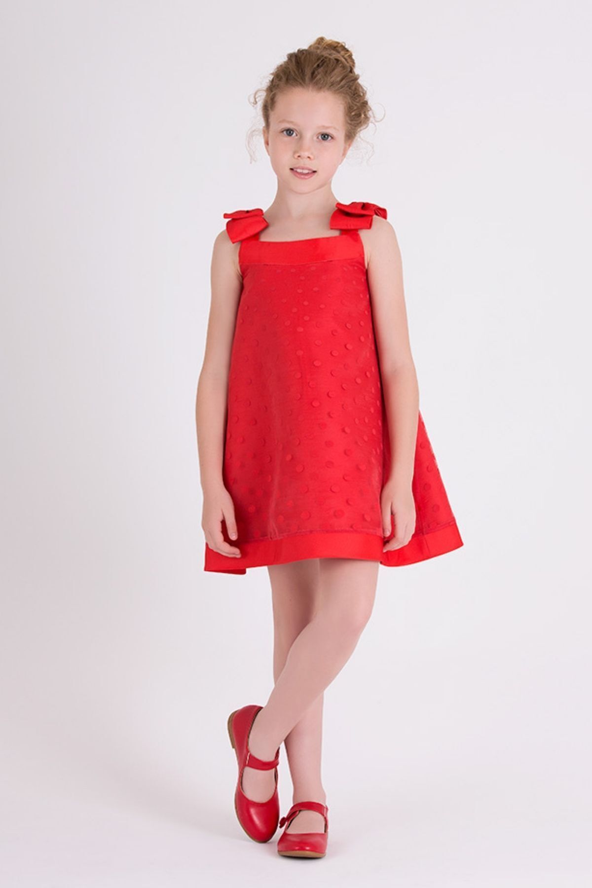 Goose Kız Çocuk Puantiyeli Fiyonklu Kırmızı Elbise