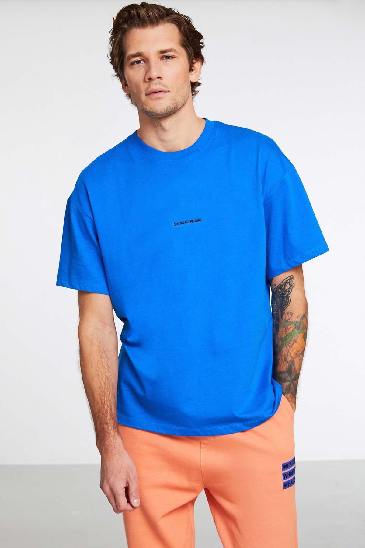 GRIMELANGE Rıver Erkek Oversize Fit Önü Nakışlı %100 Pamuklu Saks Mavi T-shirt