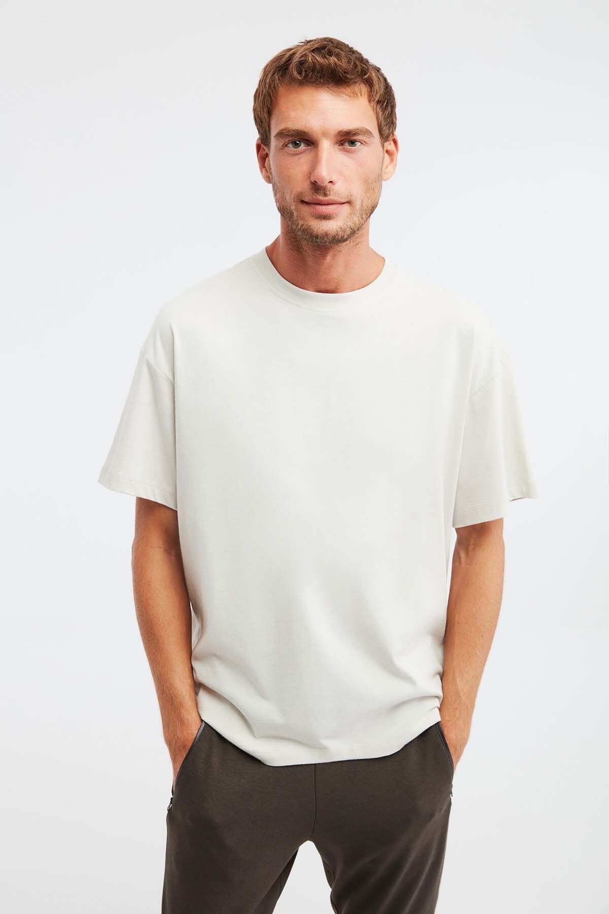 GRIMELANGE Jett Erkek Oversize Fit %100 Pamuk Kalın Dokulu Taş Rengi T-shirt