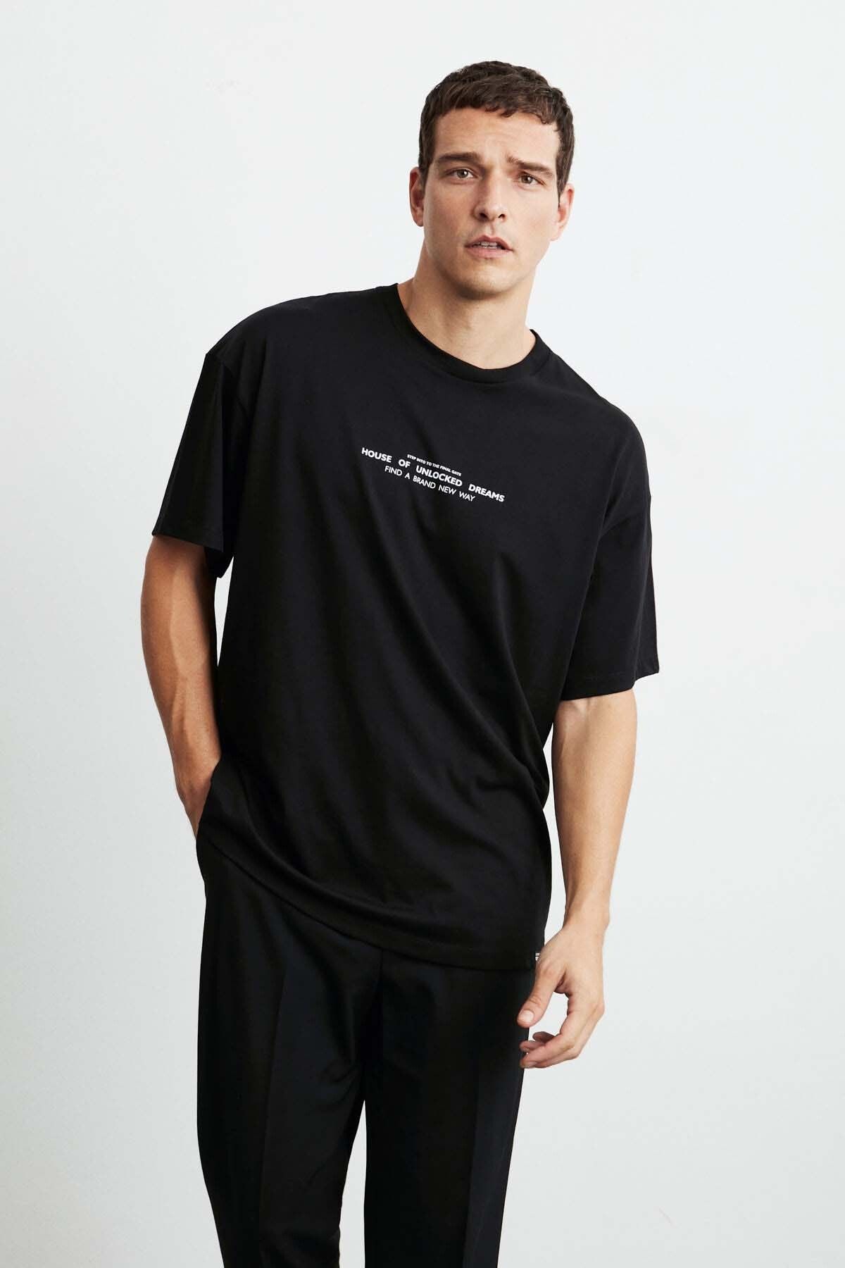 GRIMELANGE Frank Erkek Oversize Fit %100 Pamuk Kalın Dokulu Baskılı Siyah T-shirt