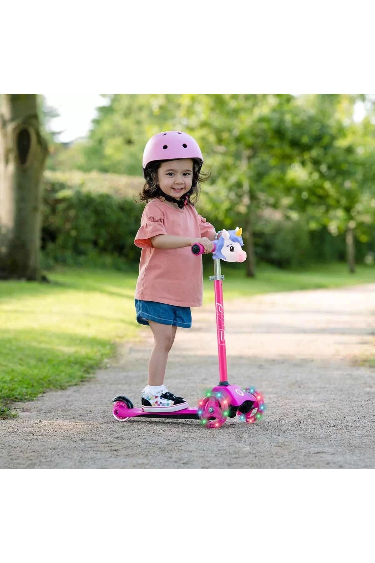 Genel Markalar Çocuk Pembe Unıcorn Figürlü 3 Tekerlekli Kaymaz Taban Işıklı Scooter