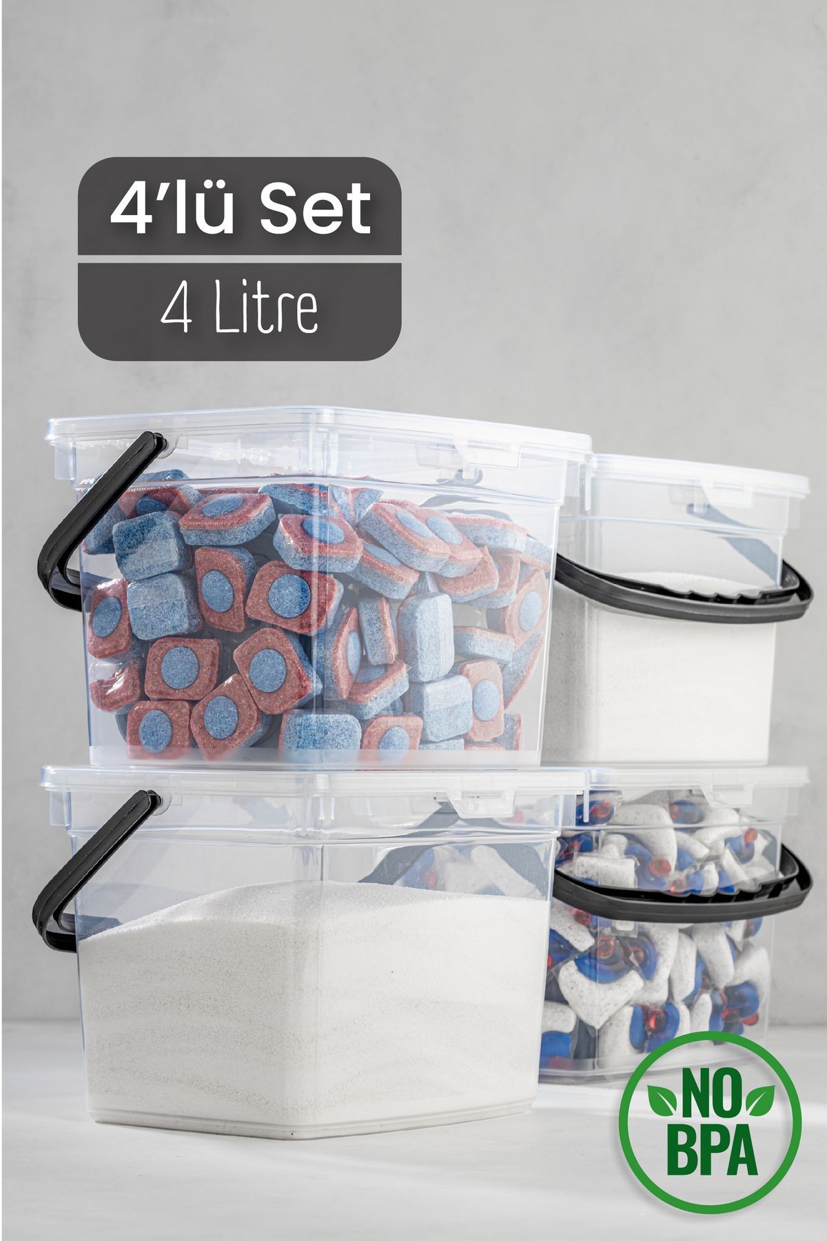 Vienev 4lü 4 Litre Toz Tablet Deterjan Saklama Kabı - Deterjan Kutusu, Toz Tablet Deterjan Kabı Beyaz
