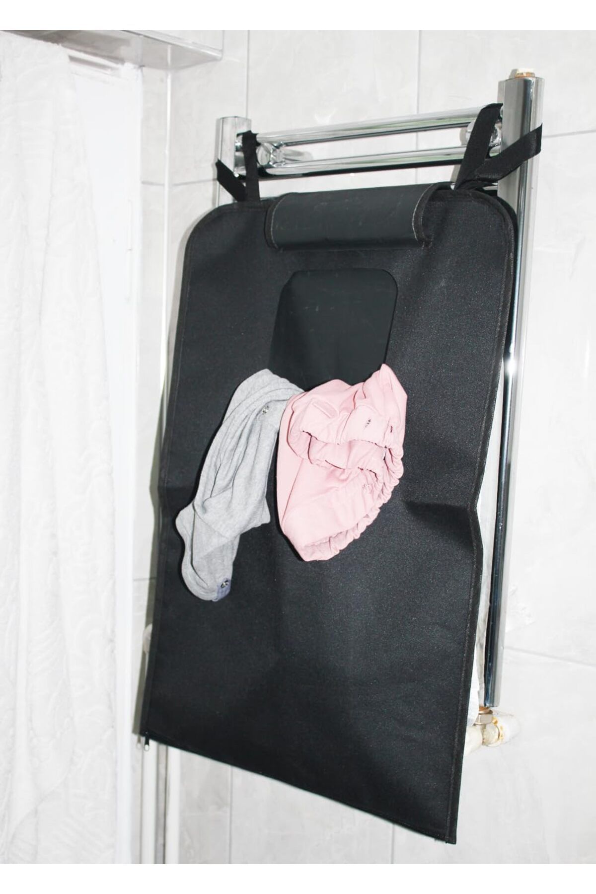 Store Kapı Arkası Askılı Kirli Çamaşır Sepeti Fermuarlı Çamaşır Torbası (Siyah)