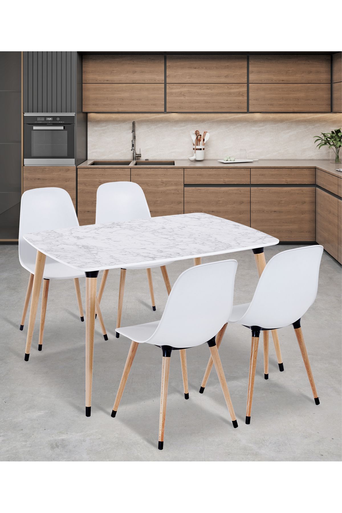 Estelia Yemek Masası Takımı Mutfak Masası 90x120 Cm Ahşap Ayaklı Beyaz Masa 4 Adet Abant Beyaz Sandalye
