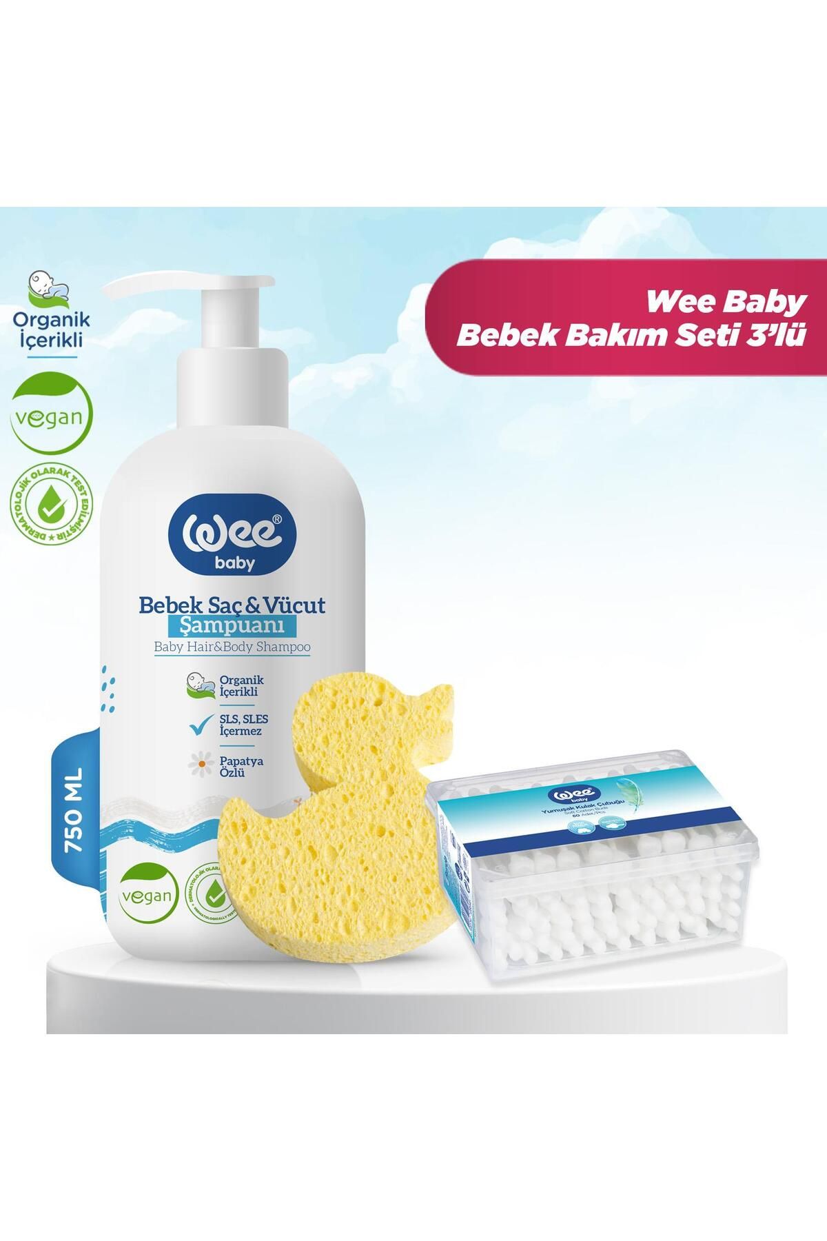 Wee Baby Bebek Şampuan 750 Ml + Banyo Süngeri + Emniyetli Kulak Çubuğu 3'lü Bakım Seti
