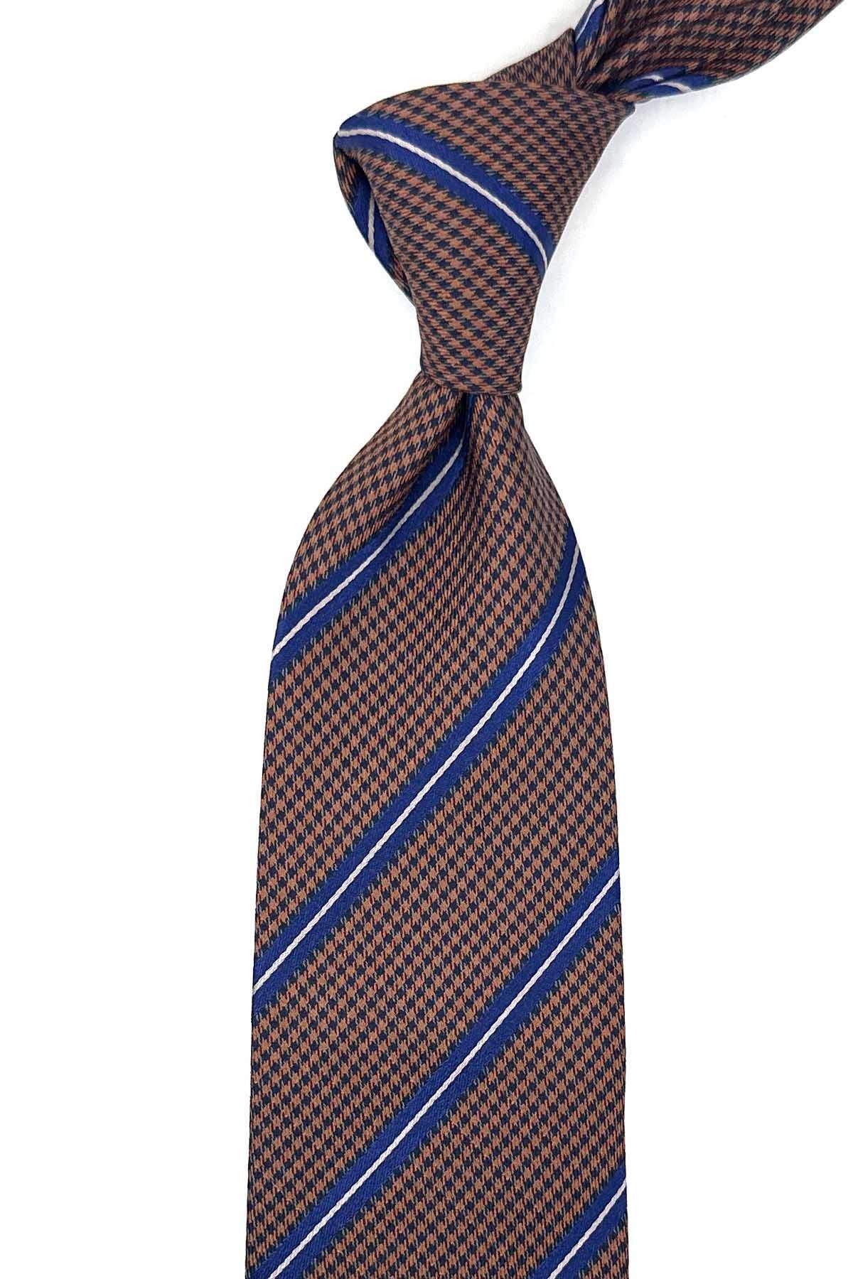 Kravatkolik Norwood Style Turuncu - Mavi Çizgi Desen İtalyan İpek Kravat İK1469