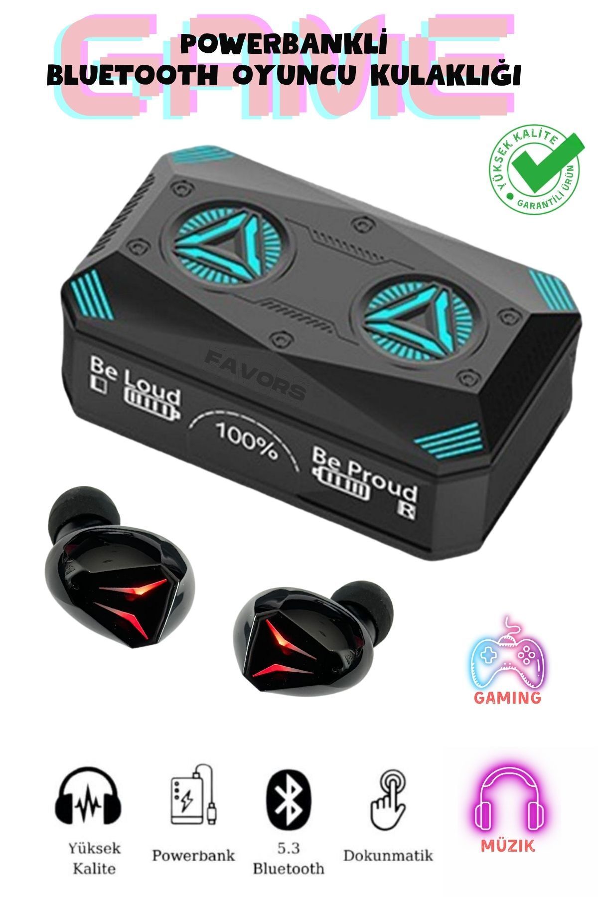Favors Powerbankli Gaming Işıklı Kablosuz Kulak içi Mikrofonlu Bluetooth Kulaklık Şarj Göstergeli M98 Plus