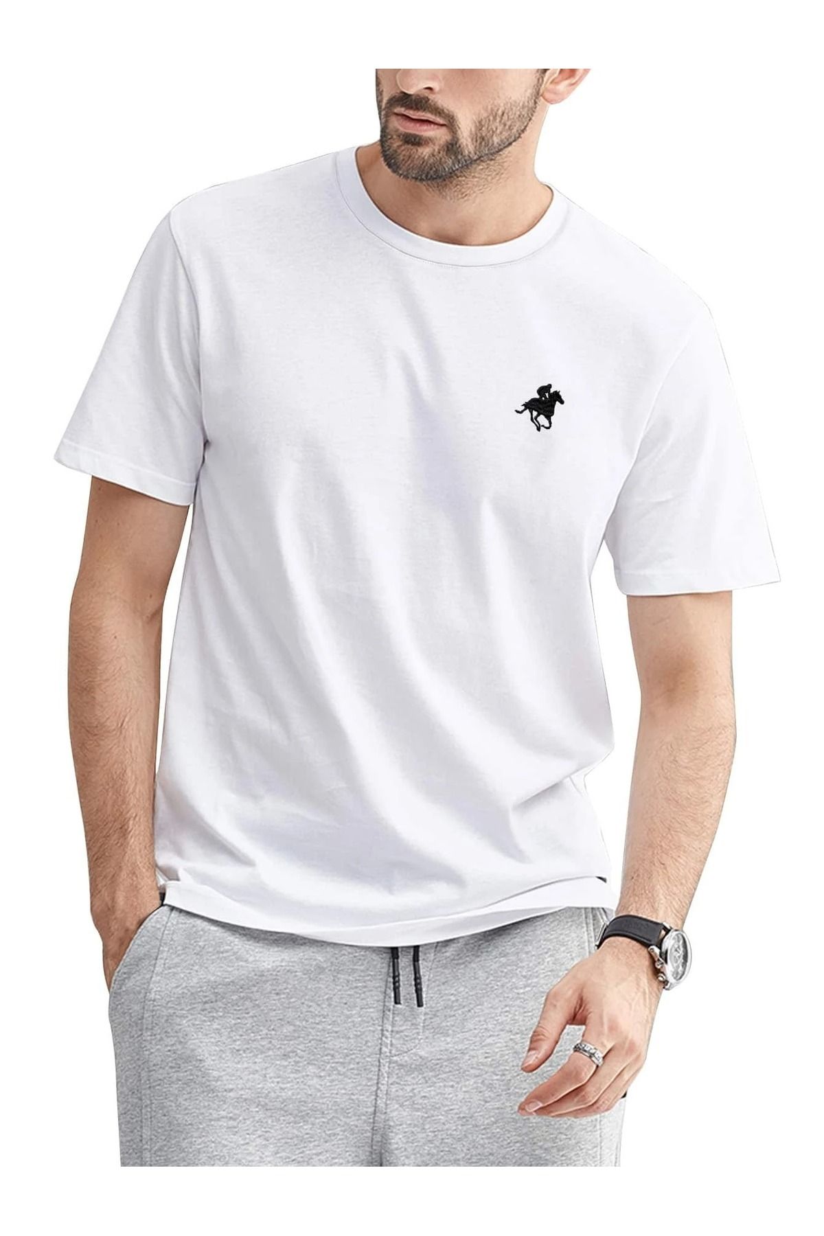 Trendseninle Erkek Beyaz Running Horse Baskılı Oversize Tişört