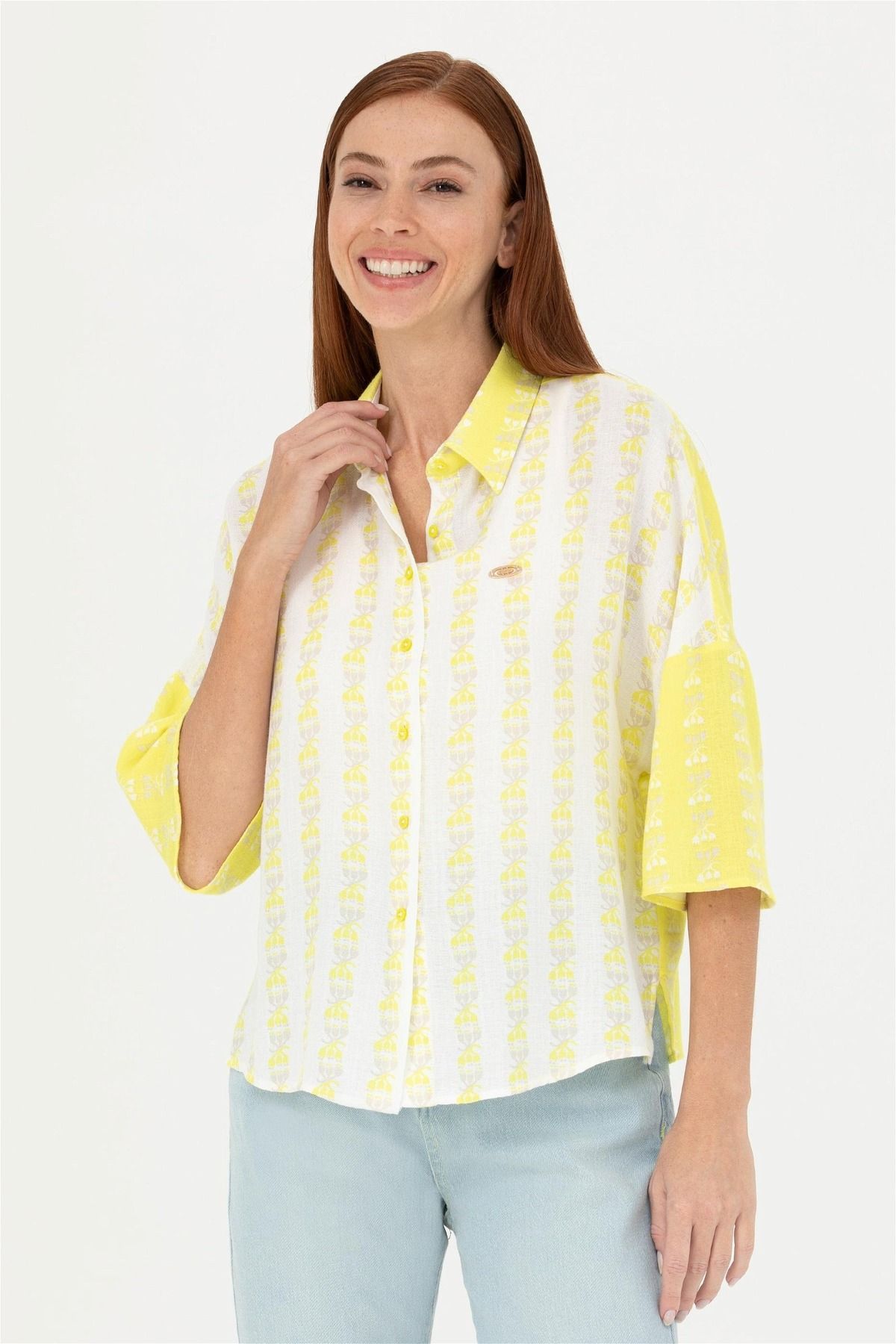 U.S. Polo Assn. Kadın Neon Sarı Uzun Kollu Gömlek ELİFSU BUTİKHOME