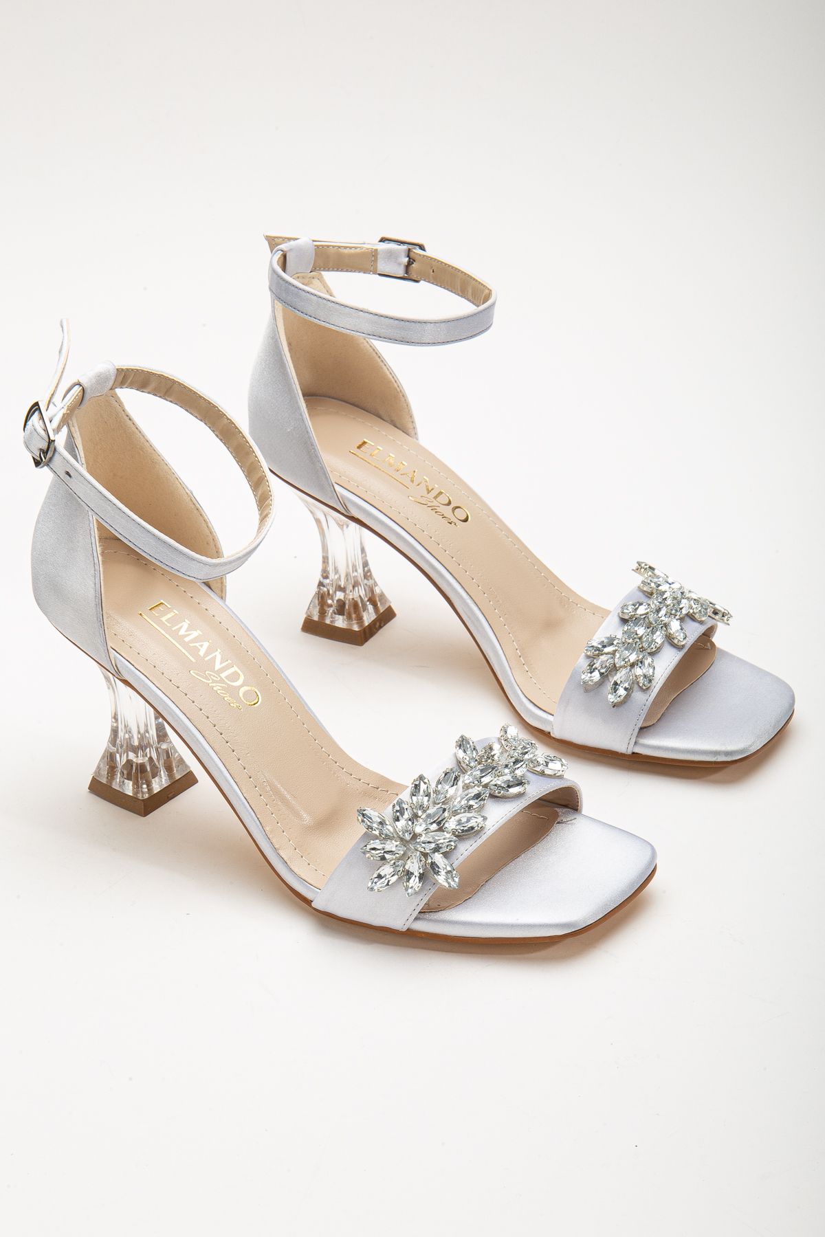 ELMANDO Gümüş Saten Kadın Taşlı  Şeffaf Topuklu Ayakkabı