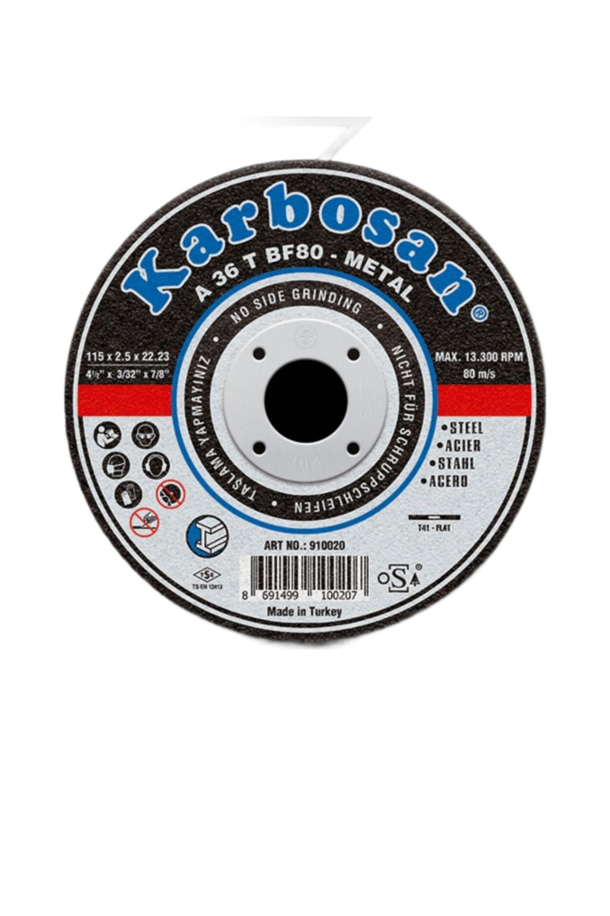 KARBOSAN Metal Kesme Disk Tip:T41 Düz Ebat (mm):115 x 3.0 x 22.23 Artikel:910910 Evsaf:A 36 T BF80 Ç