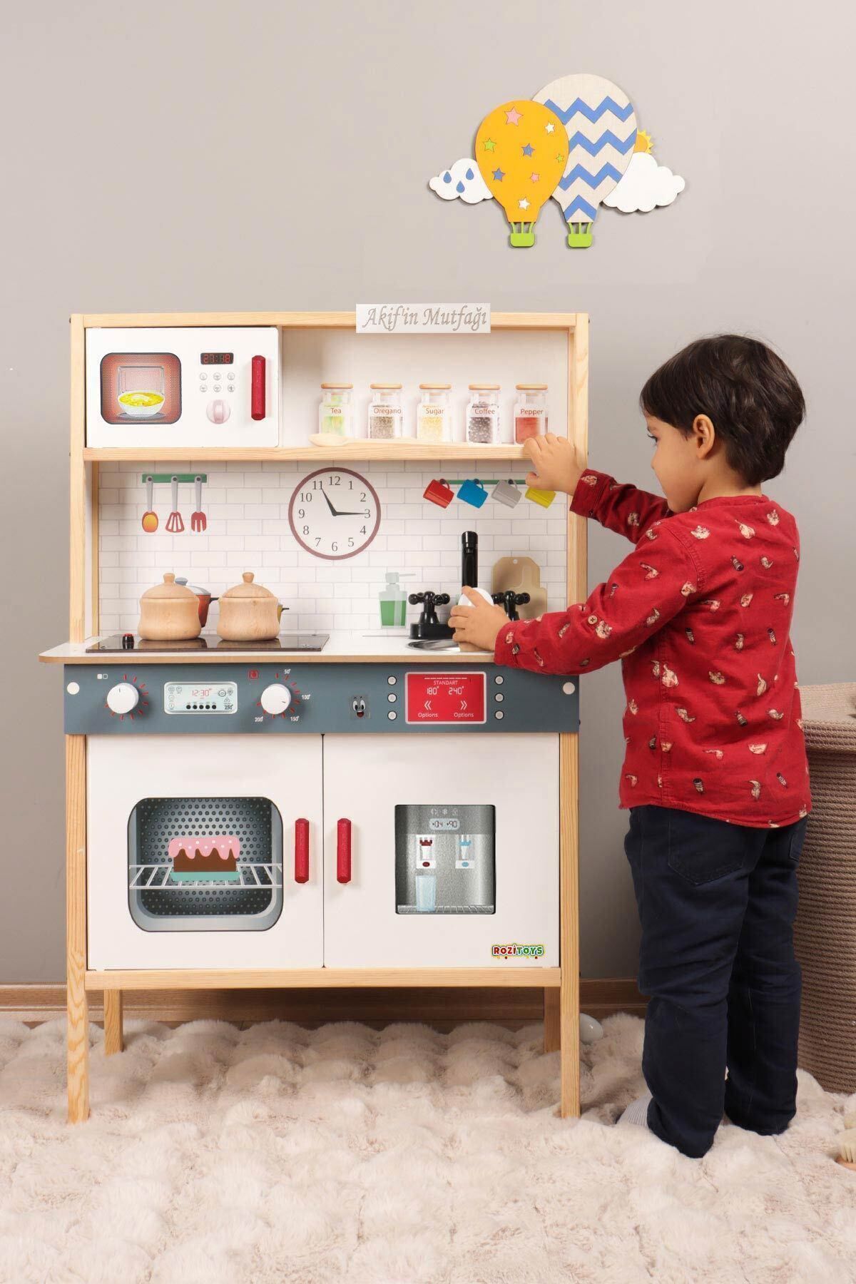 ROZİTOYS Kırmızı Kulplu Eğitici Ahşap Montessori Ledli Mutfak Oyuncak Seti, Hediye Çocuk Halısı Dbk101