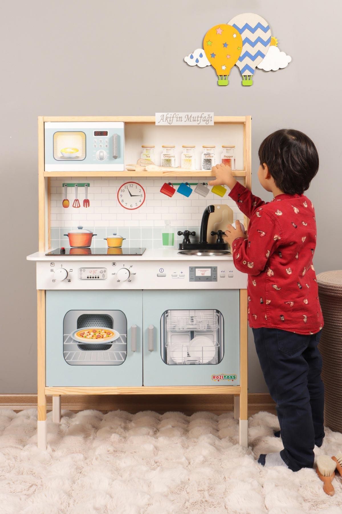 ROZİTOYS Gri Kulplu Eğitici Ahşap Montessori Mutfak Oyuncak Seti, Hediye Çocuk Halısı Dbg102