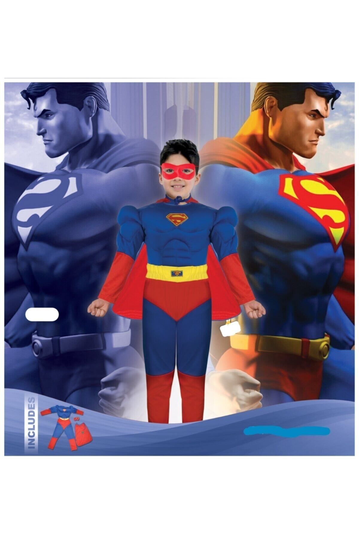 Superman Süpermen Kostümü Kaslı Pelerinli Çocuk Kıyafeti