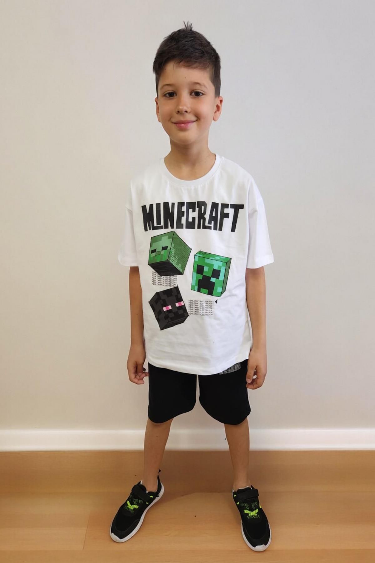 QUB CLUB Erkek Çocuk Siyah Beyaz Minecraft Alt Üst Şort Takım