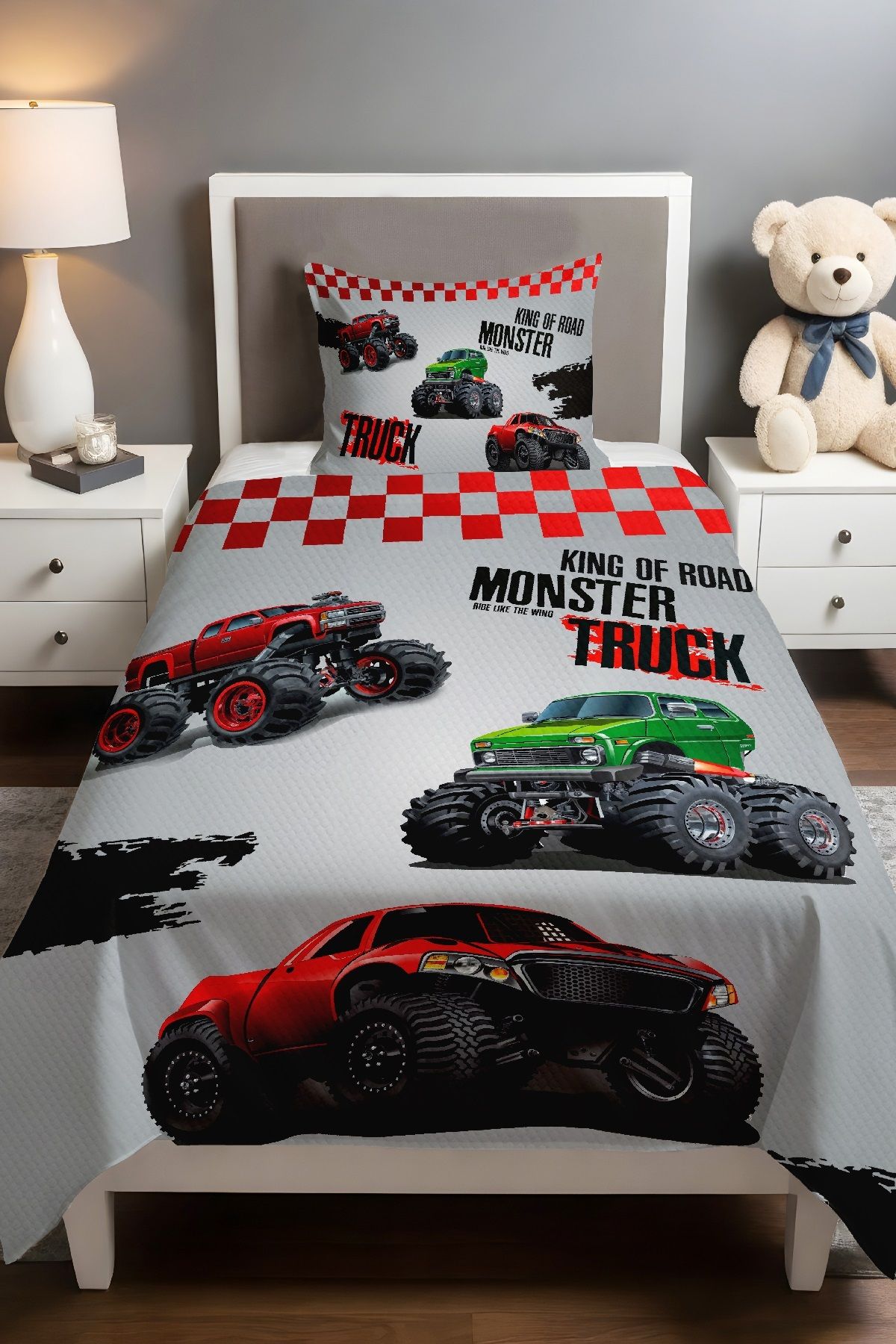 Evpanya Kırmızı Monster Truck Desenli Pike Seti (160x230cm)