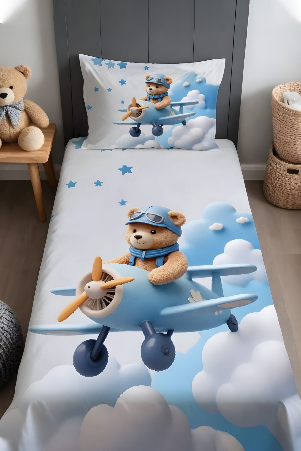 Evpanya Mavi Bulutlu Pilot Ayıcık Desenli Yatak Örtüsü ve Yastık Kılıfı