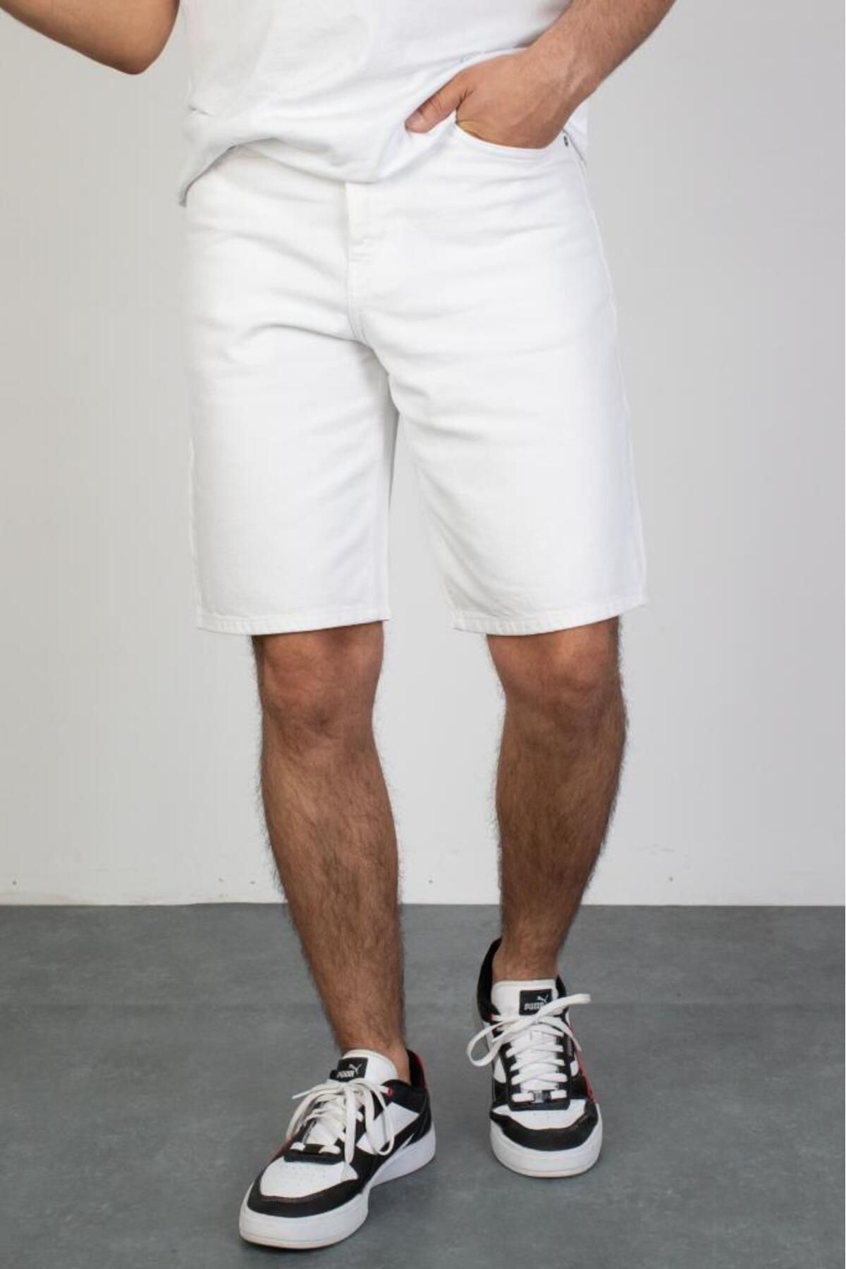 HLT JEANS Erkek Beyaz Baggy Fit Rahat Kesim %100 Pamuk Denim Loose Jeans Kot Şort MARTİN-BEYAZ