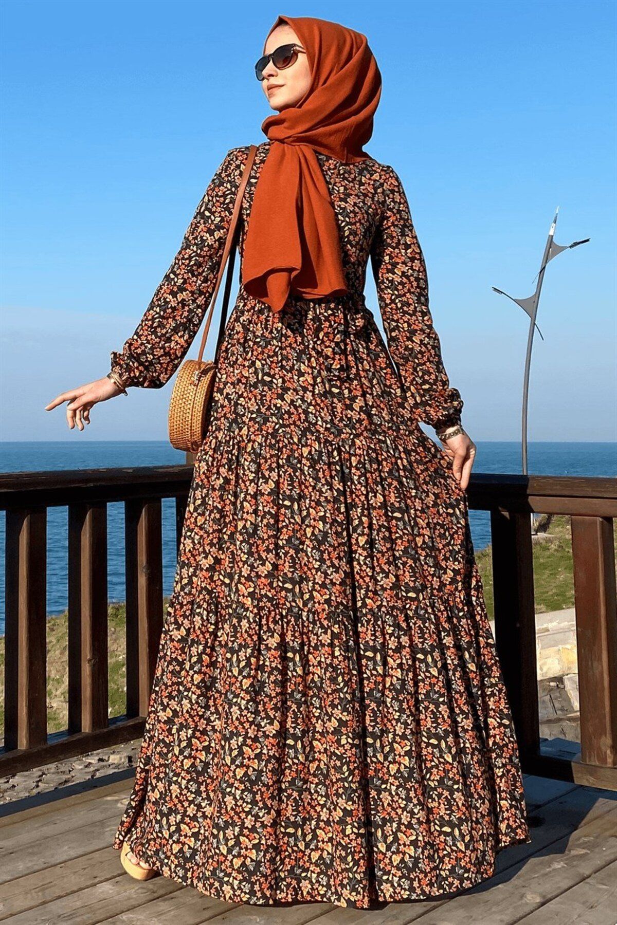 Rabia Şamlı Güzide Yaprak Desenli Elbise Turuncu