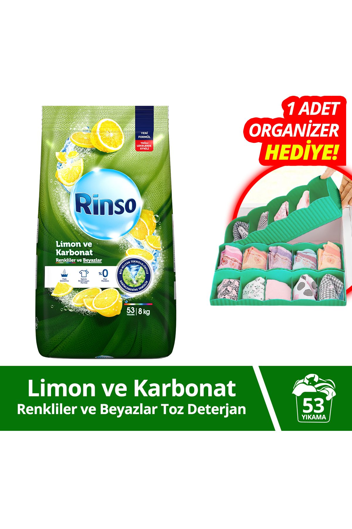 Rinso Toz Çamaşır Deterjanı Limon Ve Karbonat Renkliler Ve Beyazlar 8 Kg X1 1 Adet Organizer Hediy