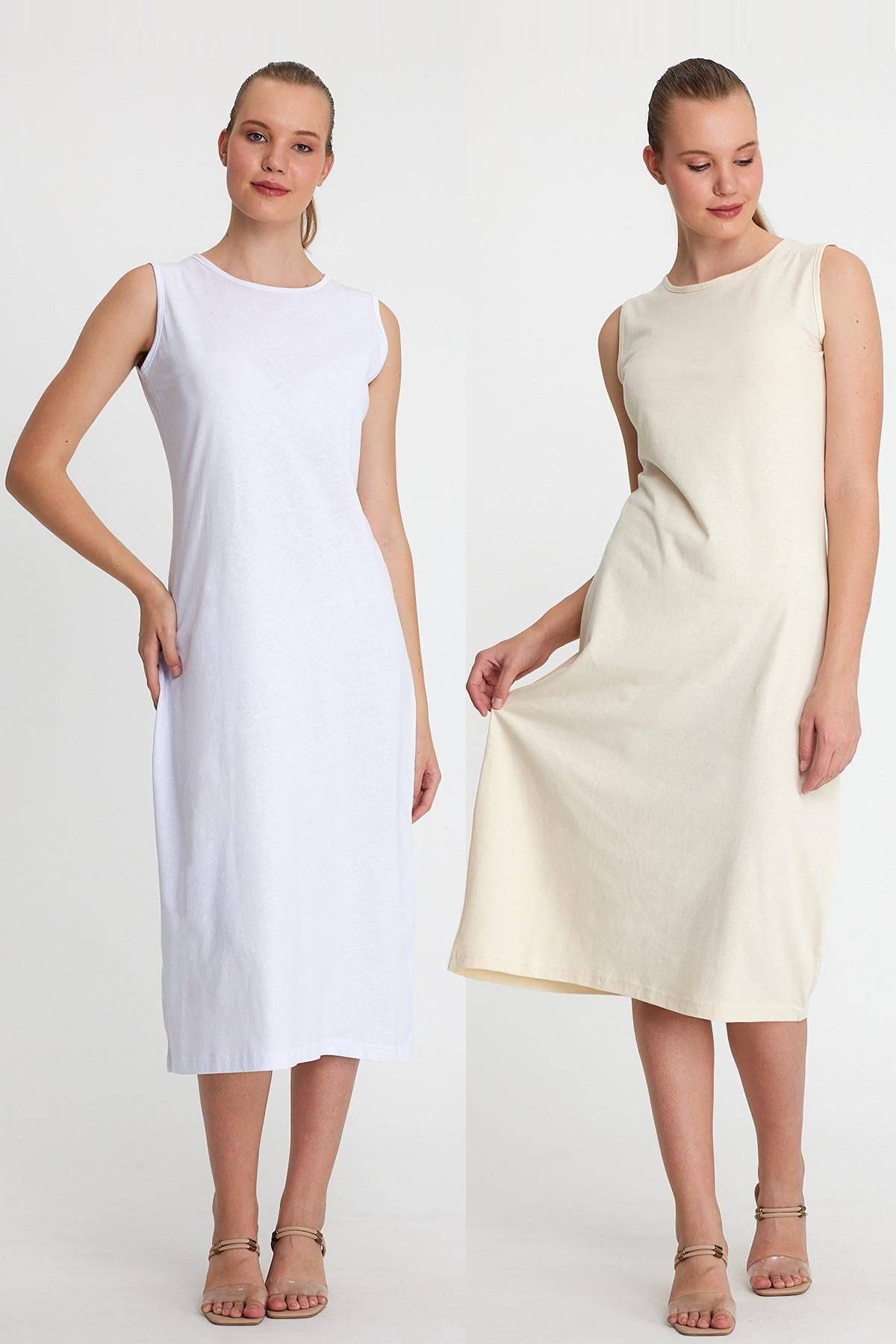 tessetür Bone diyarı Uzun Kolsuz Elbise Astarı Içlik Jüpon Kombinezon 2'li Set Ekru - Beyaz 2'li Set %100 Polyester
