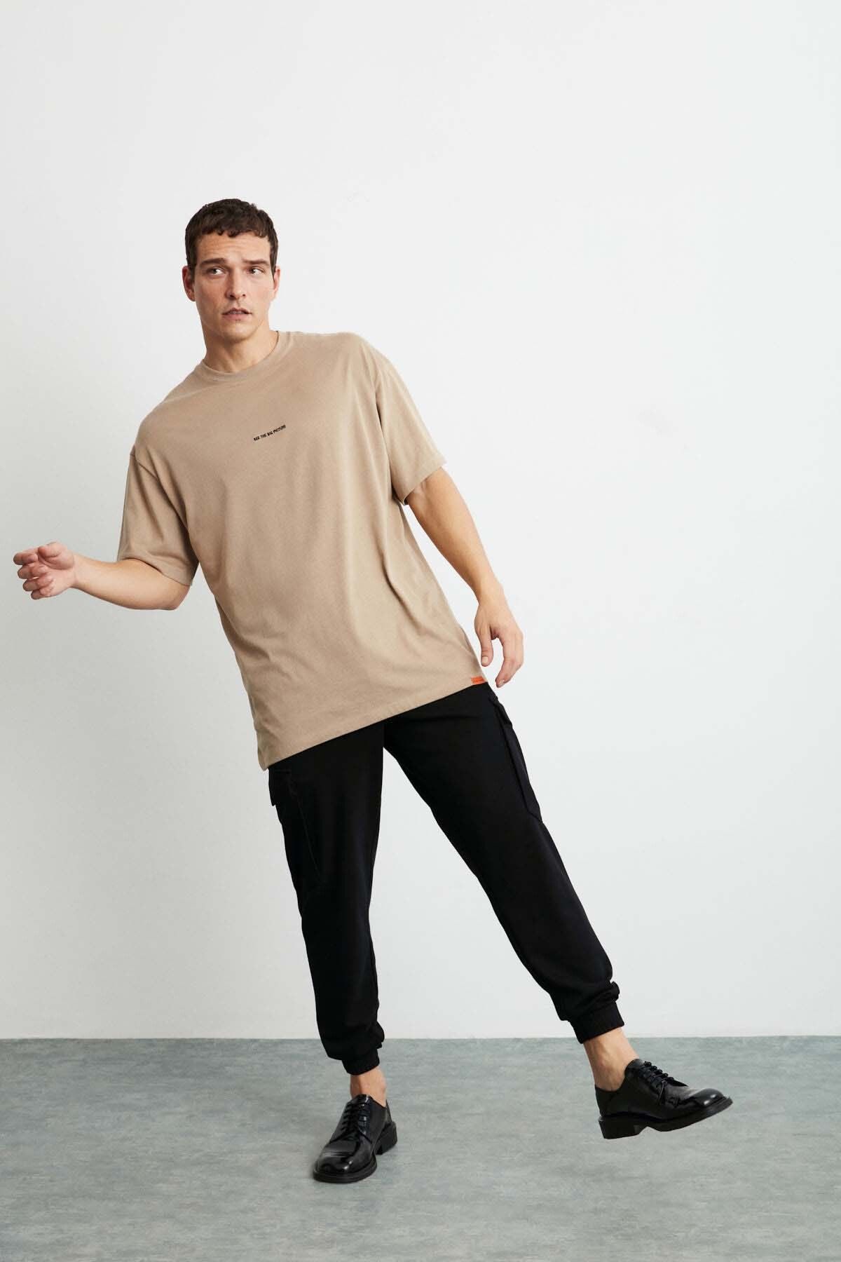 GRIMELANGE Rıver Erkek Oversize Fit Önü Nakışlı %100 Pamuklu Bej T-shirt