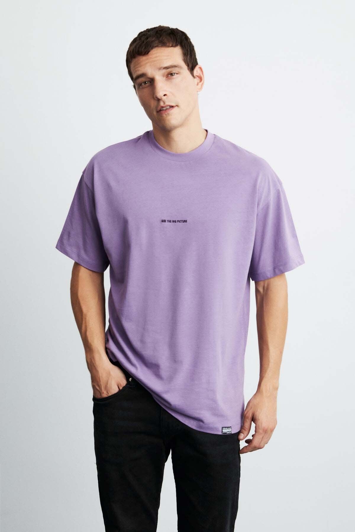 GRIMELANGE Rıver Erkek Oversize Fit Önü Nakışlı %100 Pamuklu Mor T-shirt