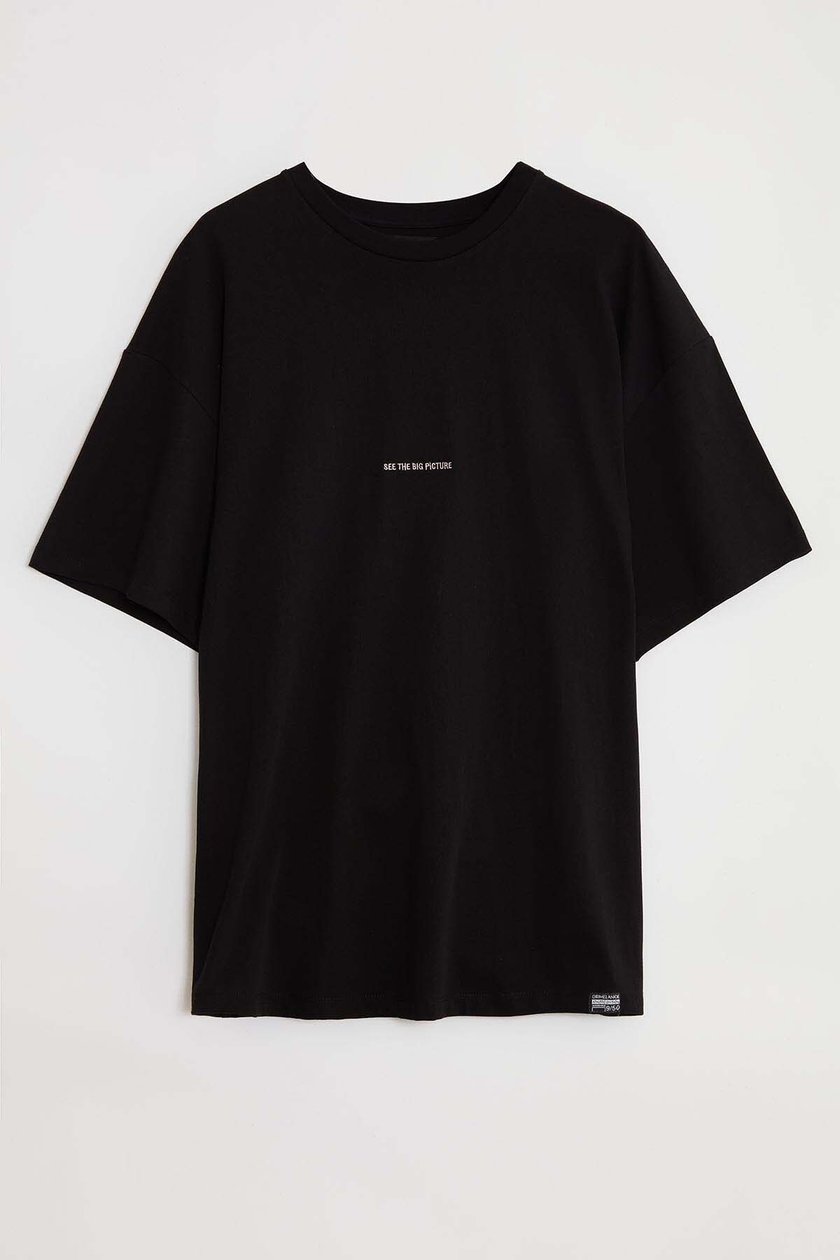 GRIMELANGE Rıver Erkek Oversize Fit Önü Nakışlı %100 Pamuklu Siyah T-shirt