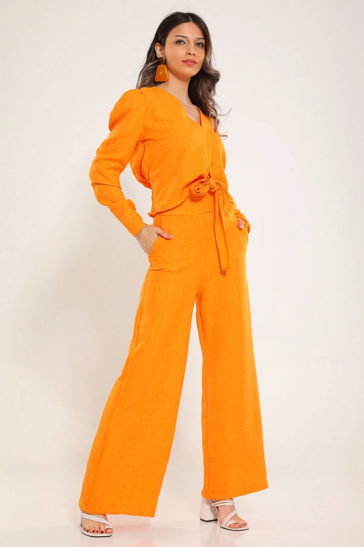 GÜLSELİ Orange Kadın Kendinden Desenli Tesettür Gömlek Pantolon İkili Takım