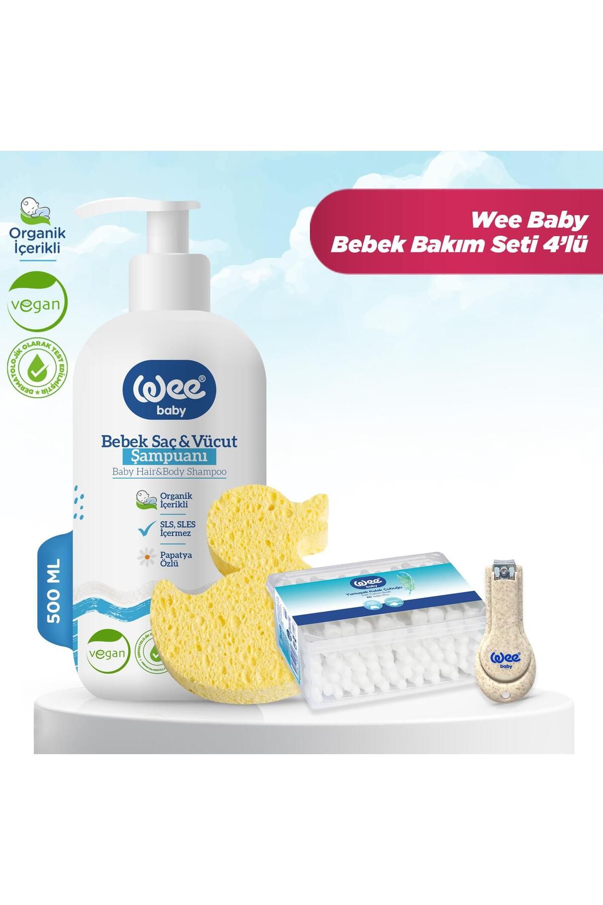 Wee Baby Bebek Şampuan 500 ml Banyo Süngeri Emniyetli Kulak Çubuğu Tırnak Makası 4'lü Set
