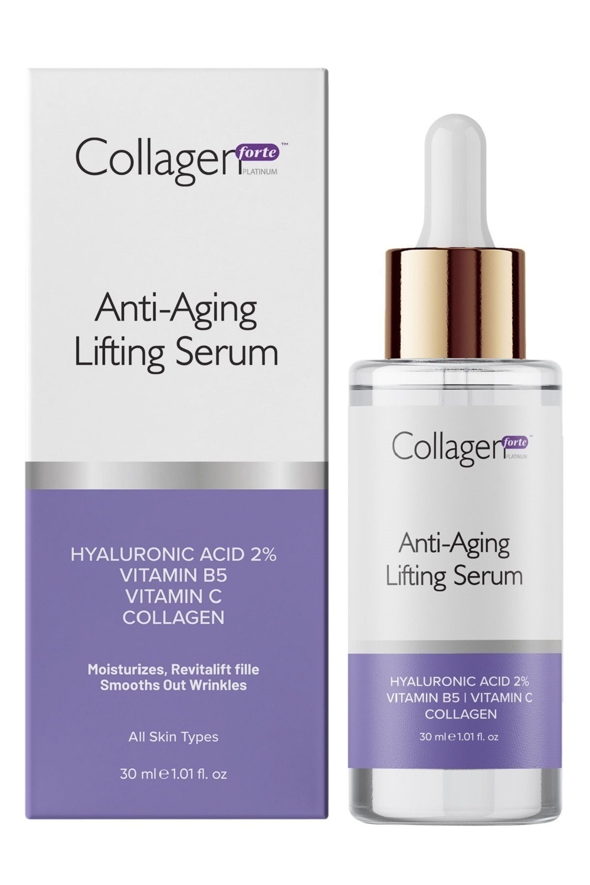 Collagen Forte Platinum Hyaluronik Asit Serum 30ml, Yaşlanma Karşıtı, Kolajen Içerikli, Vitamin B5, Vitamin C