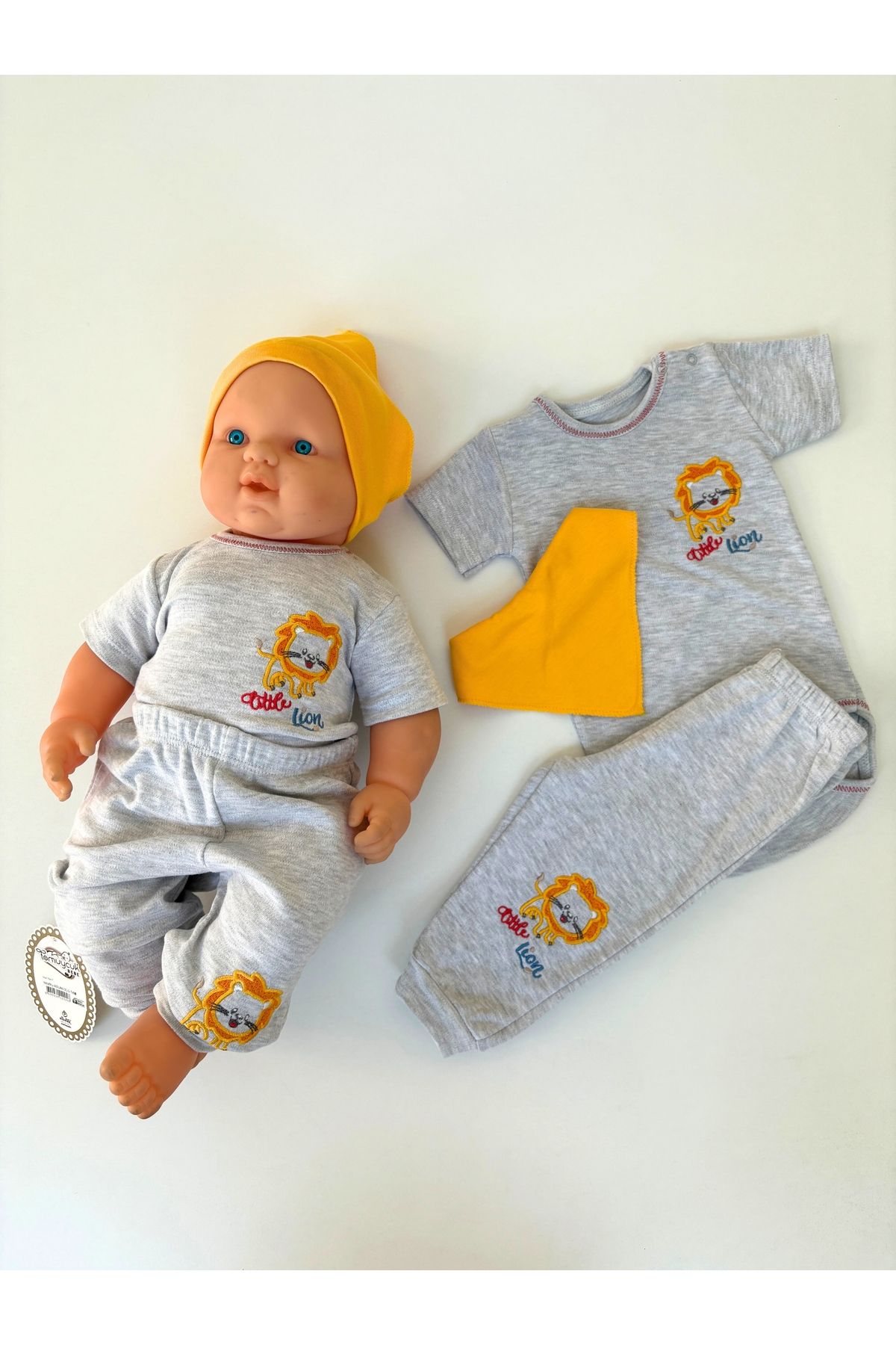 Tomuycuk 3'lü Erkek Bebek Çocuk Takım Gri Yazlık 3-6-9-12 Ay Bebek Takımları Kıyafetleri Bebek Giyim