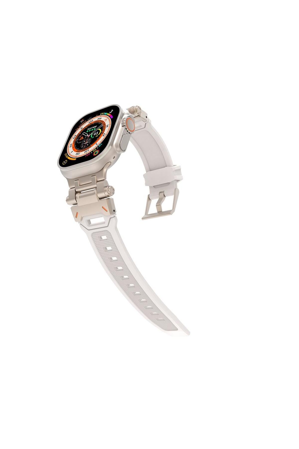 AktarMobile Apple Watch 7 8 9 45 mm uyumlu Metal Aksamlı Silikon Kordon Premium Kayış