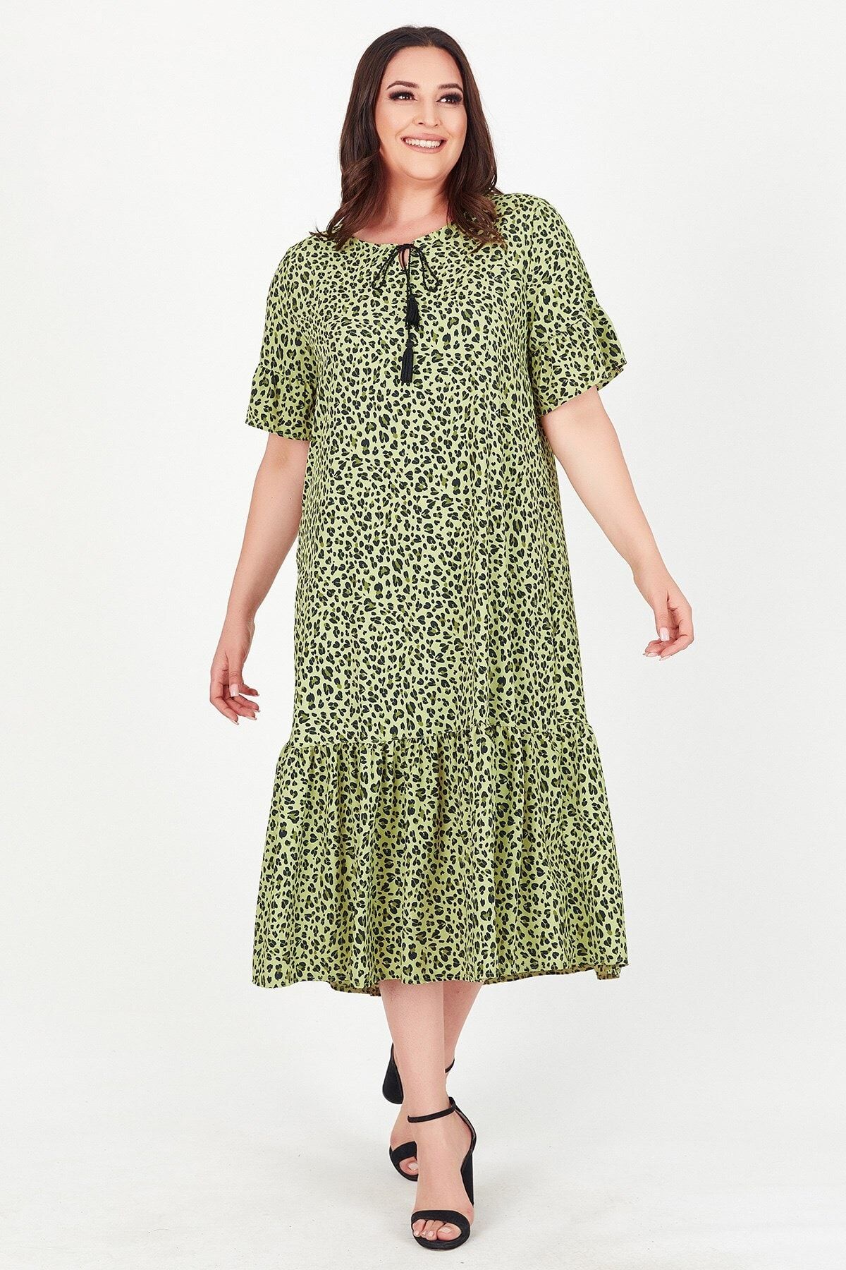 Womenice Kadın Yeşil Yakası Bağlamalı Leopar Desenli Büyük Beden Elbise
