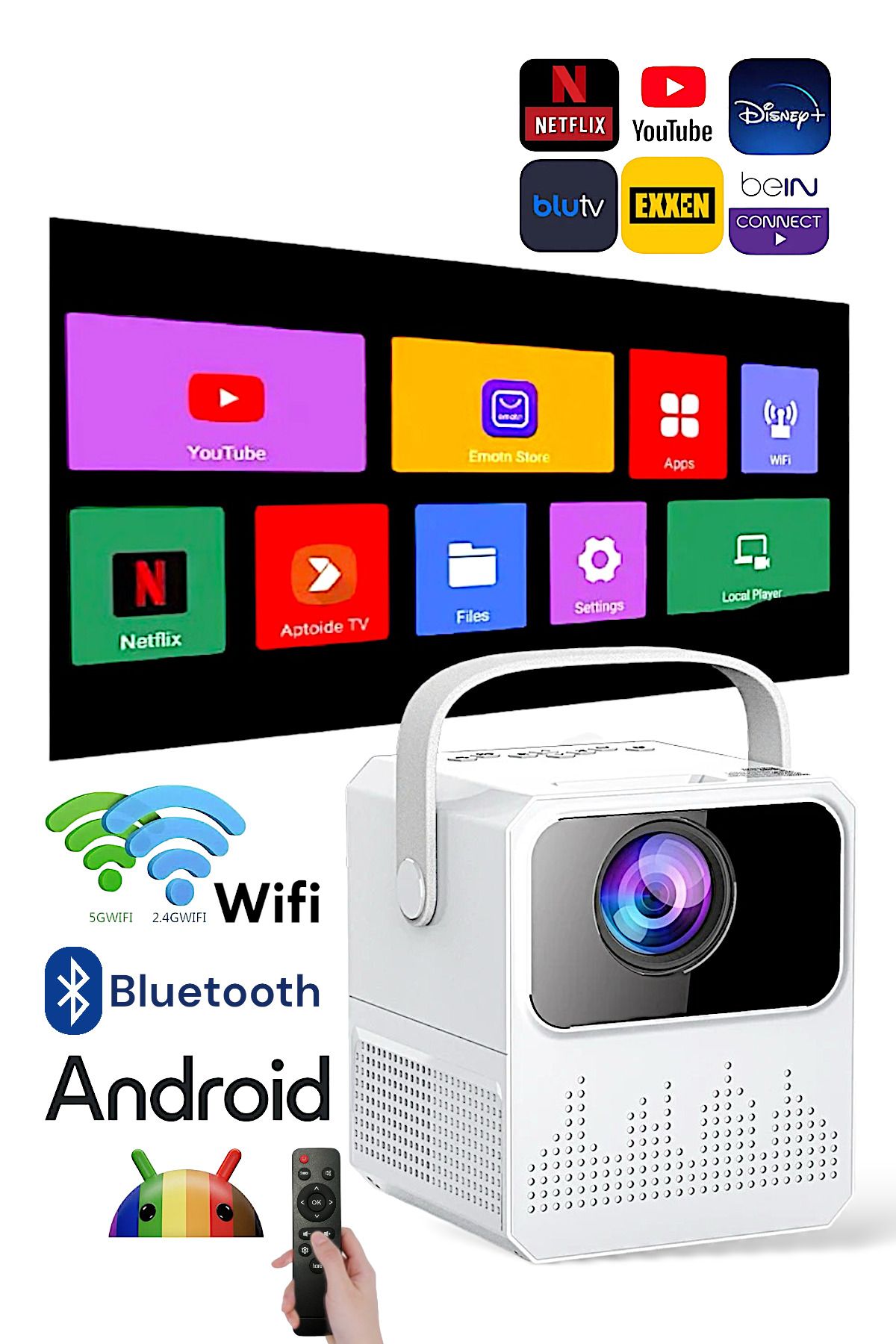 MATEO Projeksiyon Ev Sineması Bluetooth Wifi Akıllı Android Tv 1080p Hoparlör Smart 4k Youtube Türkçe