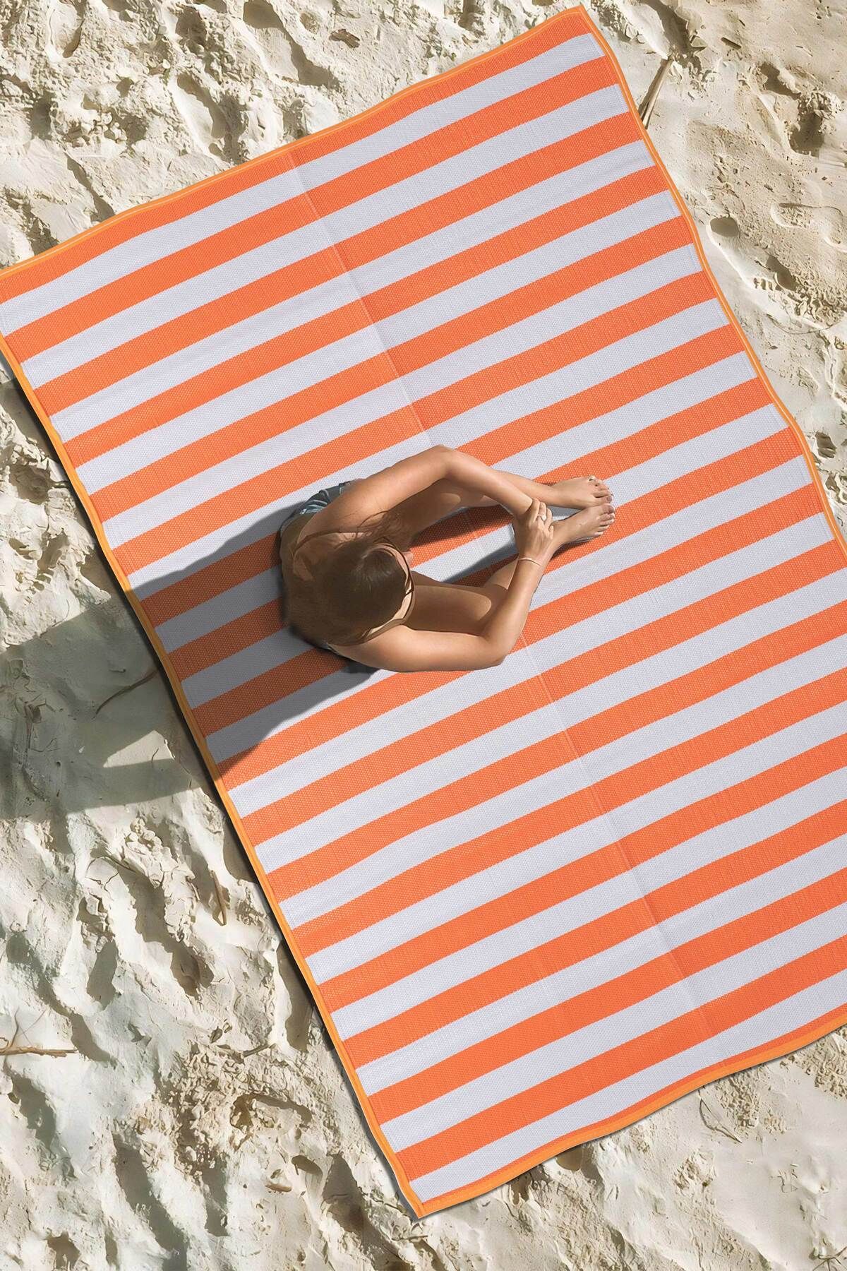 Caretta Home Katlanabilir Plaj Kamp Piknik Bahçe Halısı Balkon Teras Hasır Halı Mat Savan Kilim Karavan Halısı