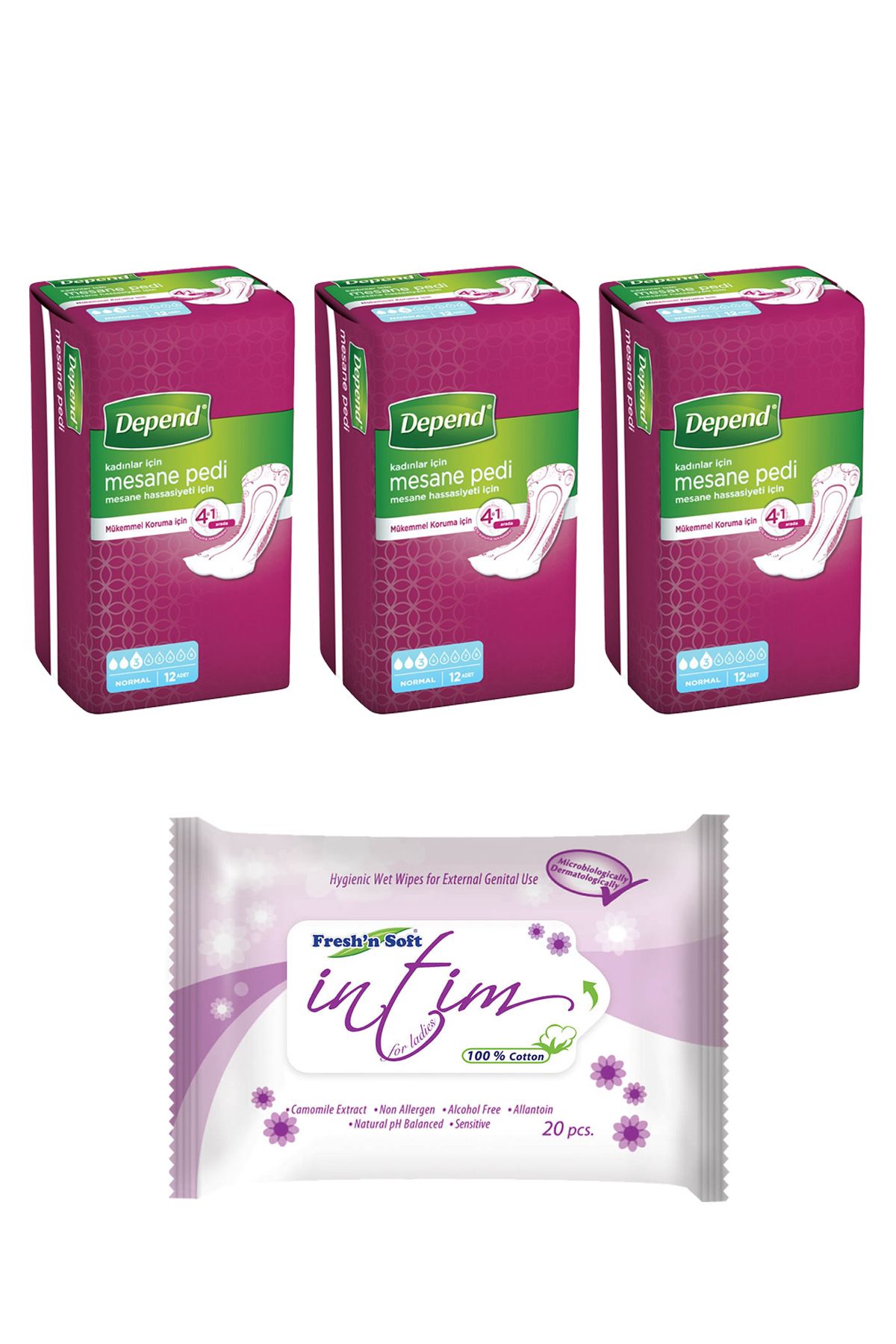 Depend Kadınlar için Mesane Pedi 3 Paket 36 Adet + İntim Dış Genital Bölge Temizleme Mendili