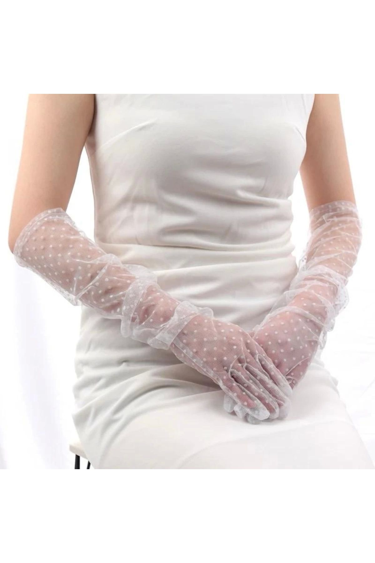 Genel Markalar Uzun Boy Beyaz Puantiyeli Beyaz Renk Yetişkin Tül Eldiven 55 cm