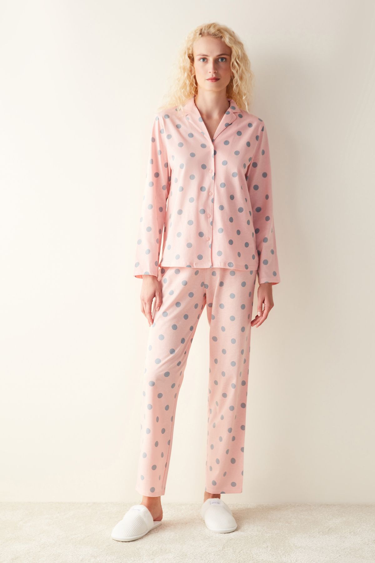 Penti Puantiye Desenli Uzun Kollu Pembe Pijama Takımı